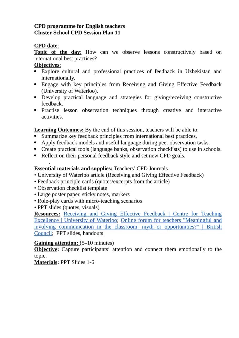 Cluster School CPD Session Plan 11