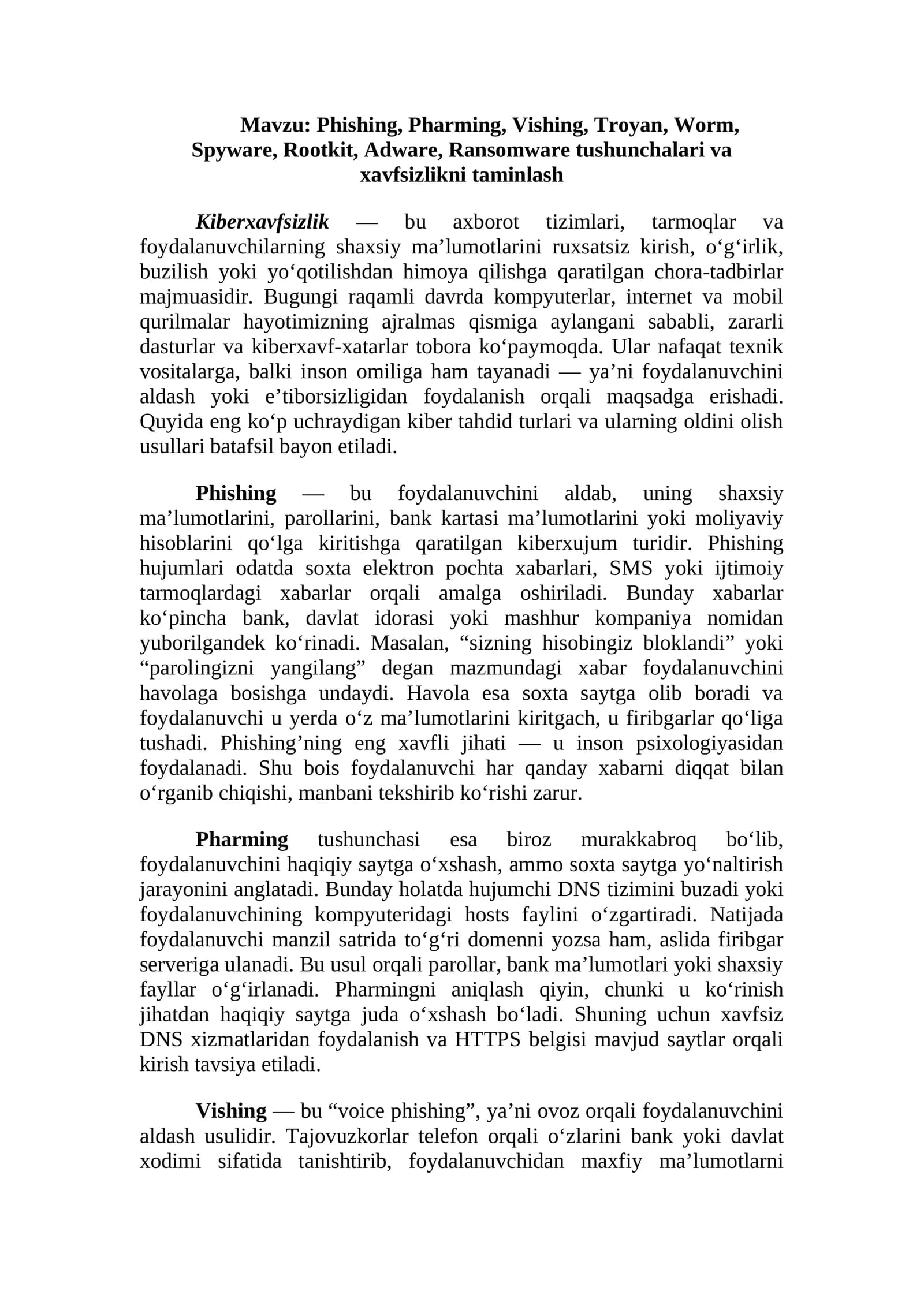 Phishing, Pharming, Vishing, Troyan, Worm, Spyware, Rootkit, Adware, Ransomware tushunchalari va xavfsizlikni taminlash