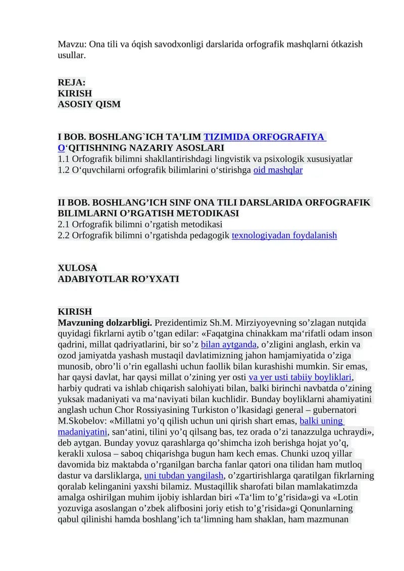 Ona tili va óqish savodxonligi darslarida orfografik mashqlarni ótkazish usullar
