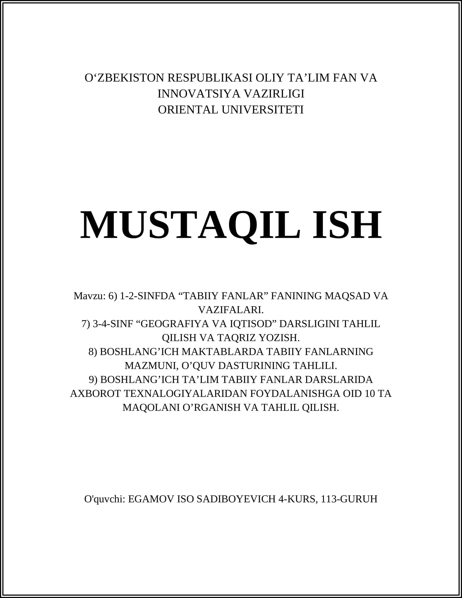 TABIIY FANLAR MAQSADLARINING O‘QUVCHILARGA ETKAZILISHI