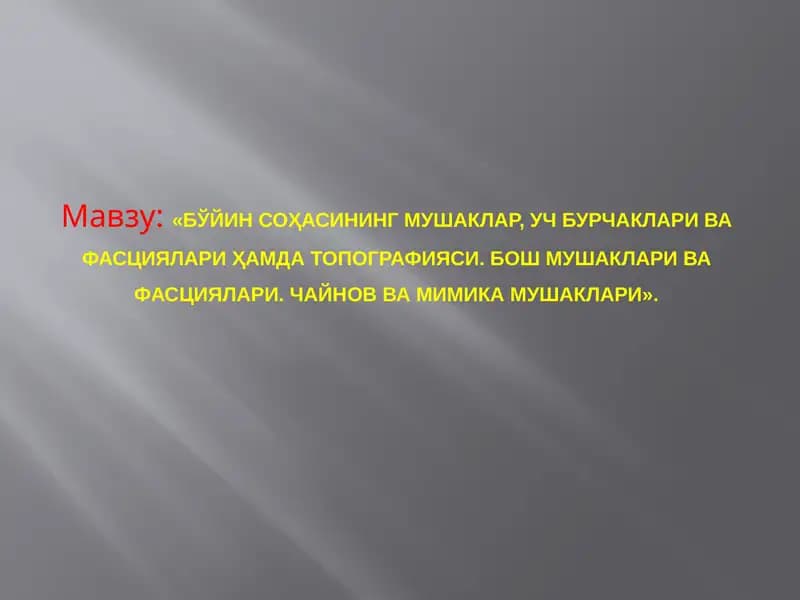 Бўйин сохасининг мушаклар, учбурчаклари ва фасциялари ҳамда топографияси. Бош мушаклари ва фасциялари. Чайнов ва мимика мушаклари