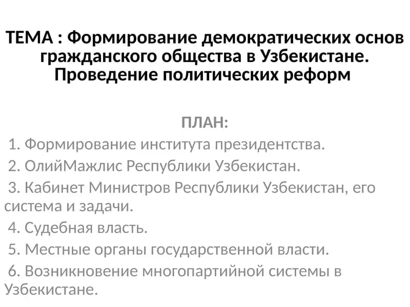 Формирование демократических основ гражданского общества в Узбекистане. Проведение политических реформ