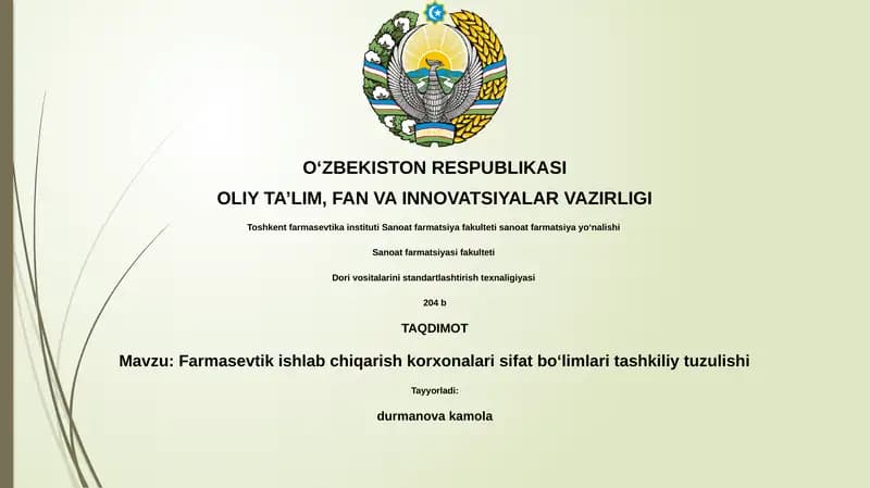 Farmasevtik ishlab chiqarish korxonalari sifat boʻlimlari tashkiliy tuzulishi