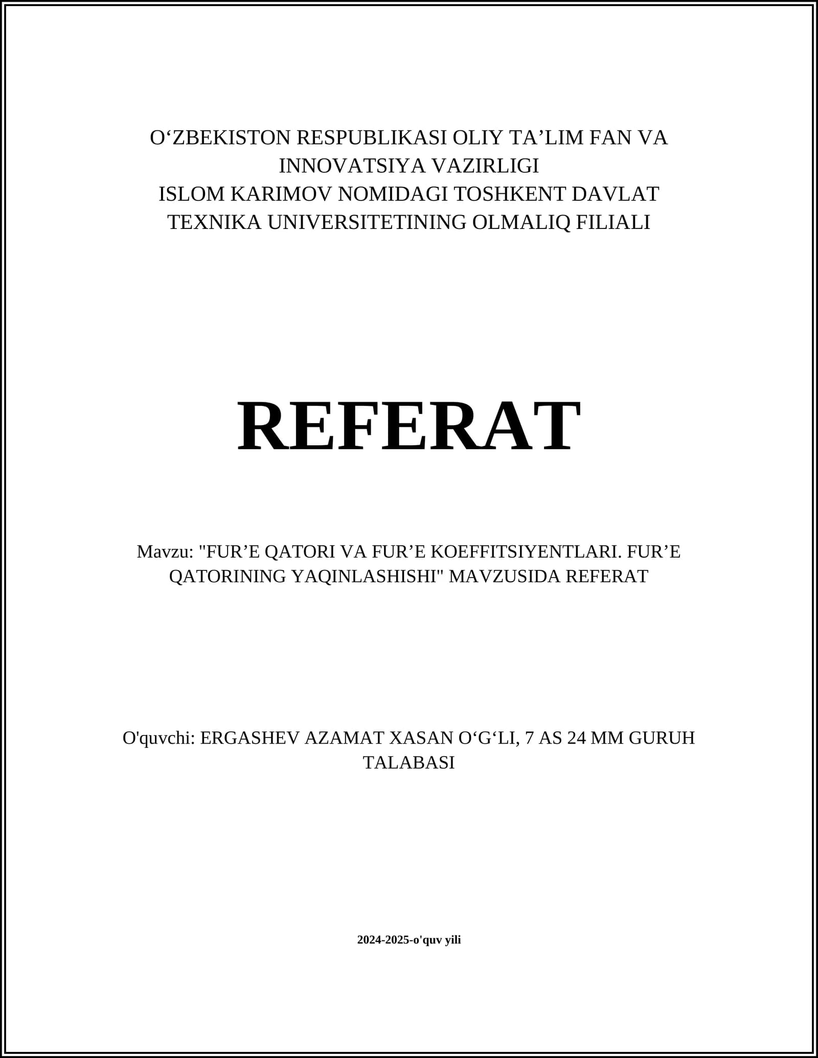 Furʼe Qatori va Furʼe Koeffitsiyentlari