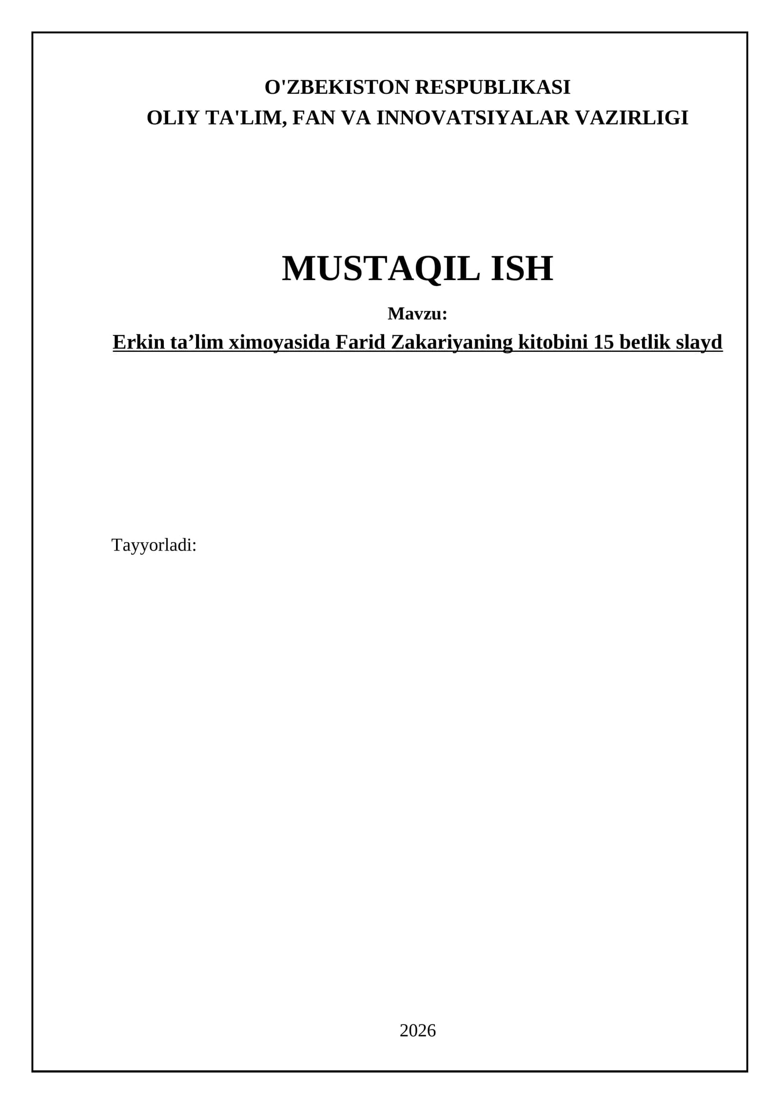 Erkin taʼlim ximoyasida Farid Zakariyaning kitobini 15 betlik slayd