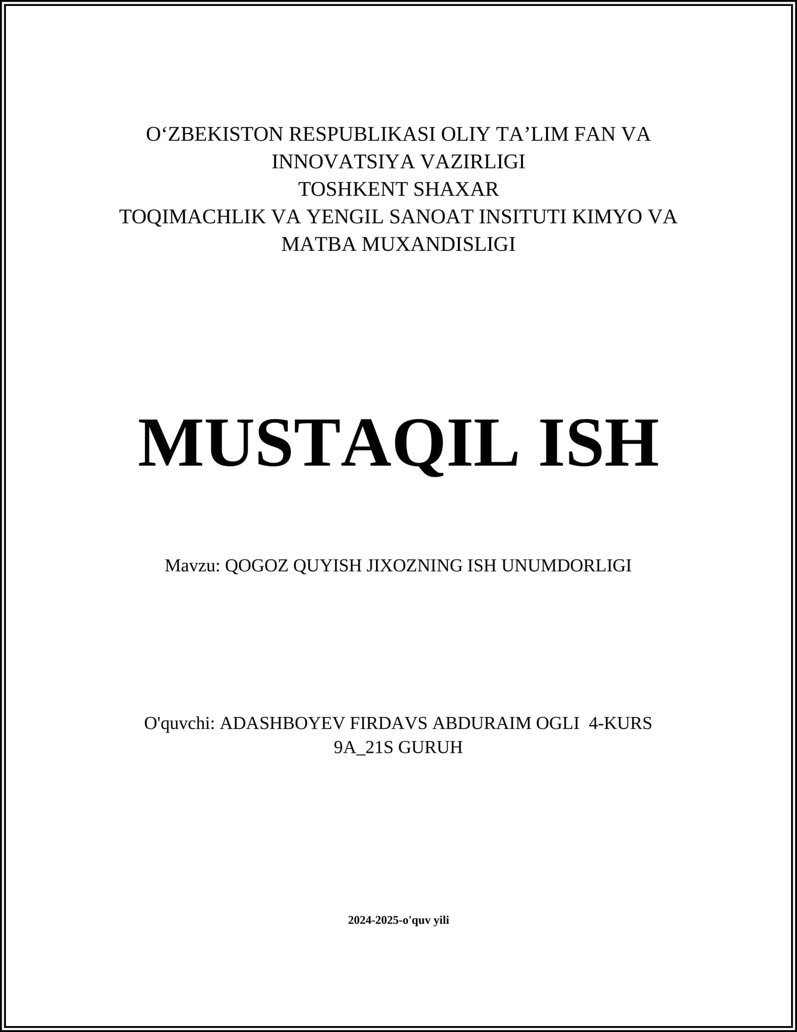 QOGOZ QUYISH JIXOZNING ISH UNUMDORLIGI