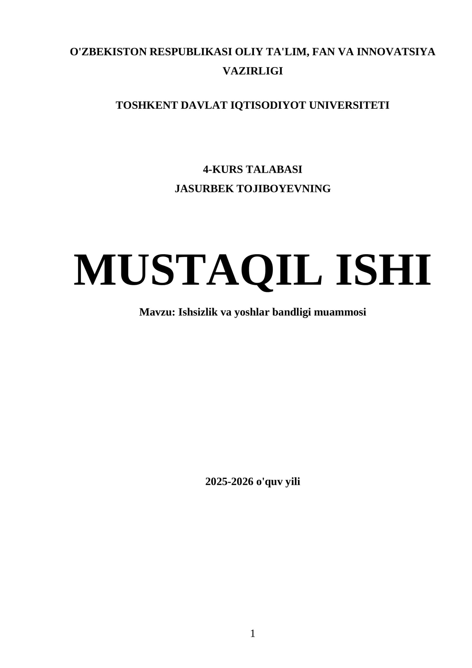 Ishsizlik va yoshlar bandligi muammosi