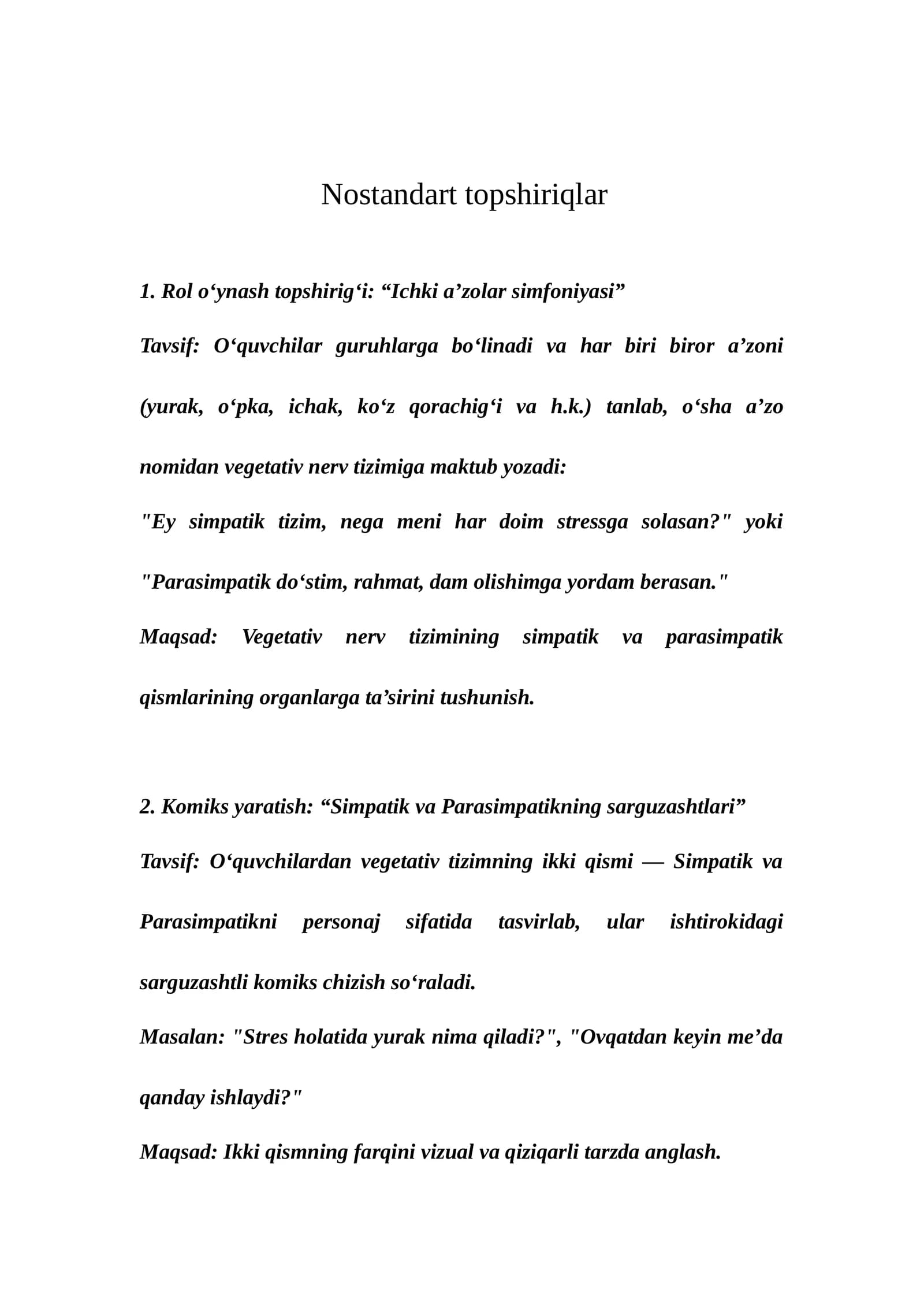 Rol o‘ynash topshiriqlari
