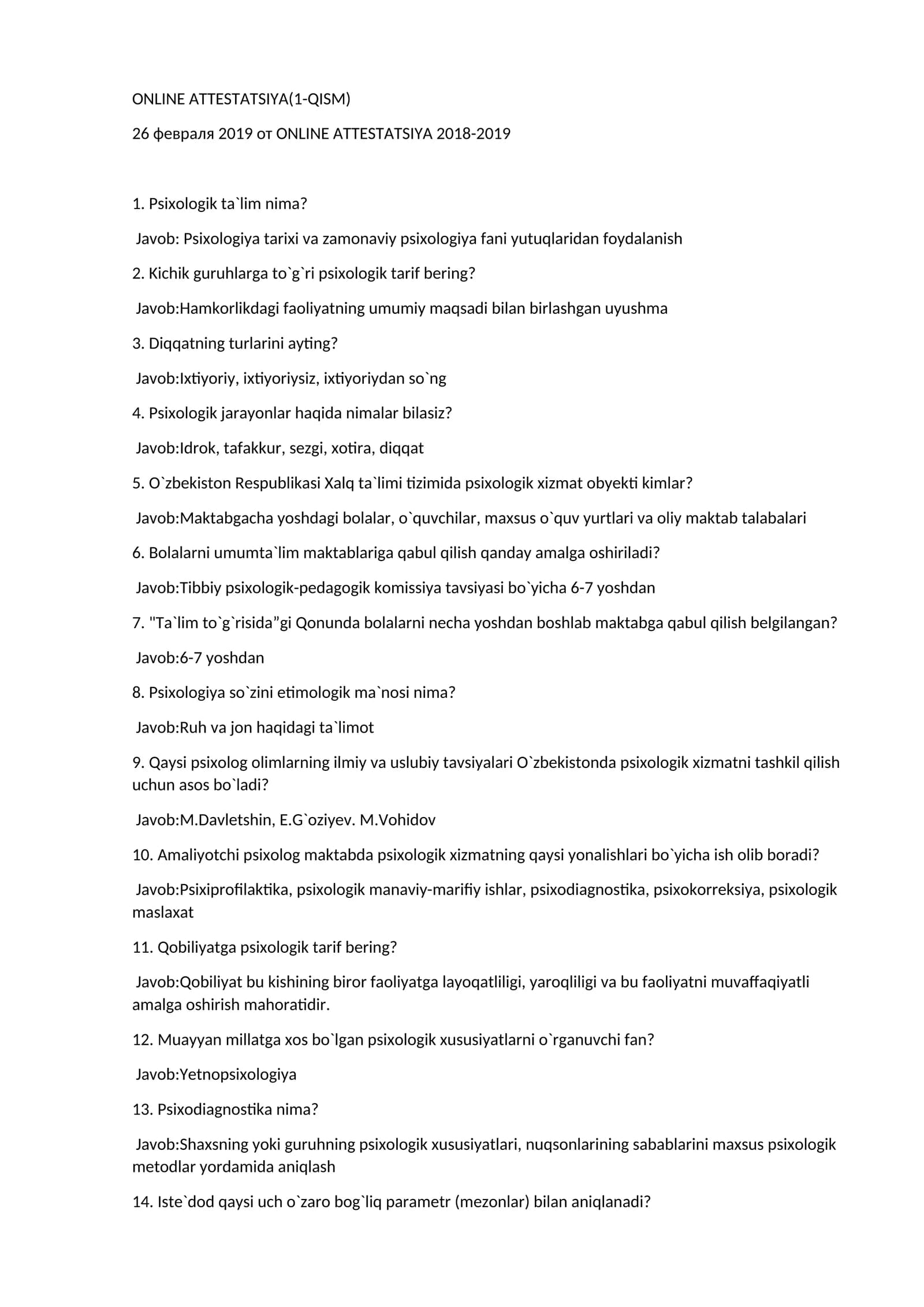 Psixologiya atestatsiya savollari 1 qism