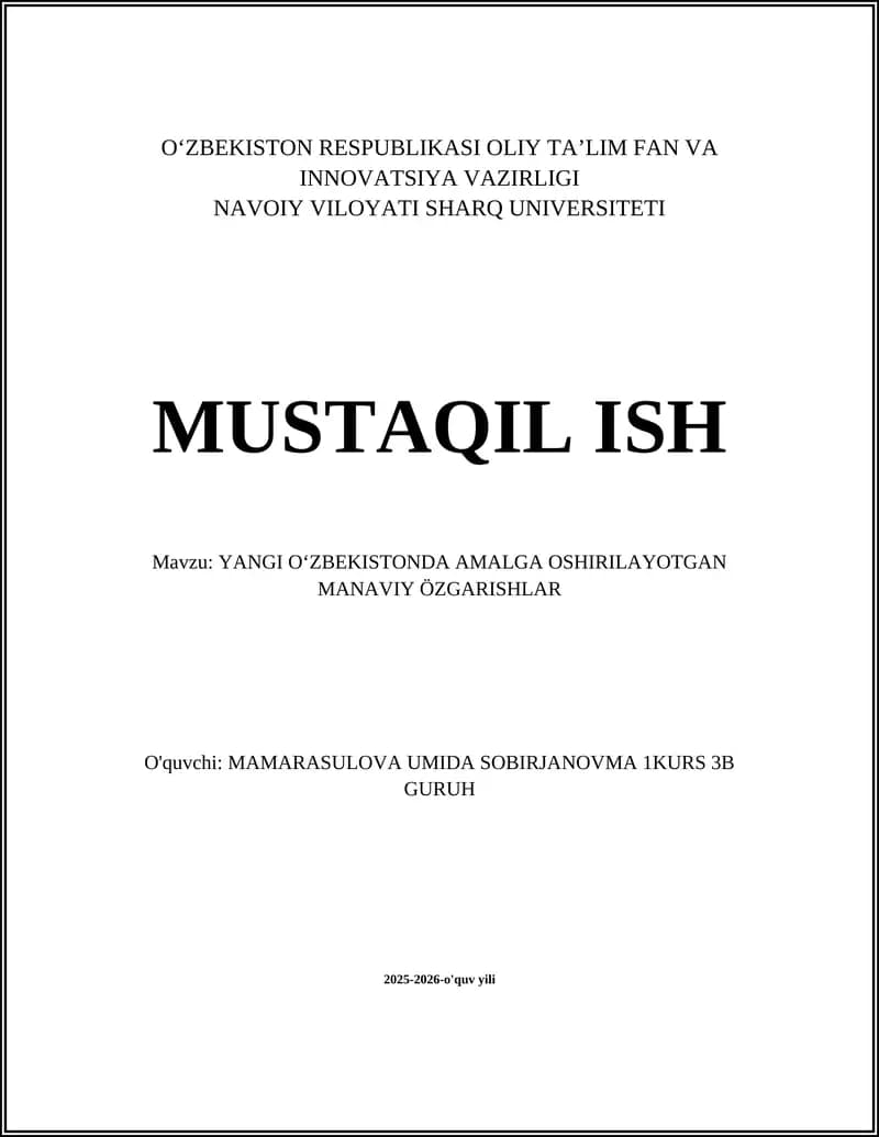 YANGI OʻZBEKISTONDA AMALGA OSHIRILAYOTGAN MANAVIY ÖZGARISHLAR