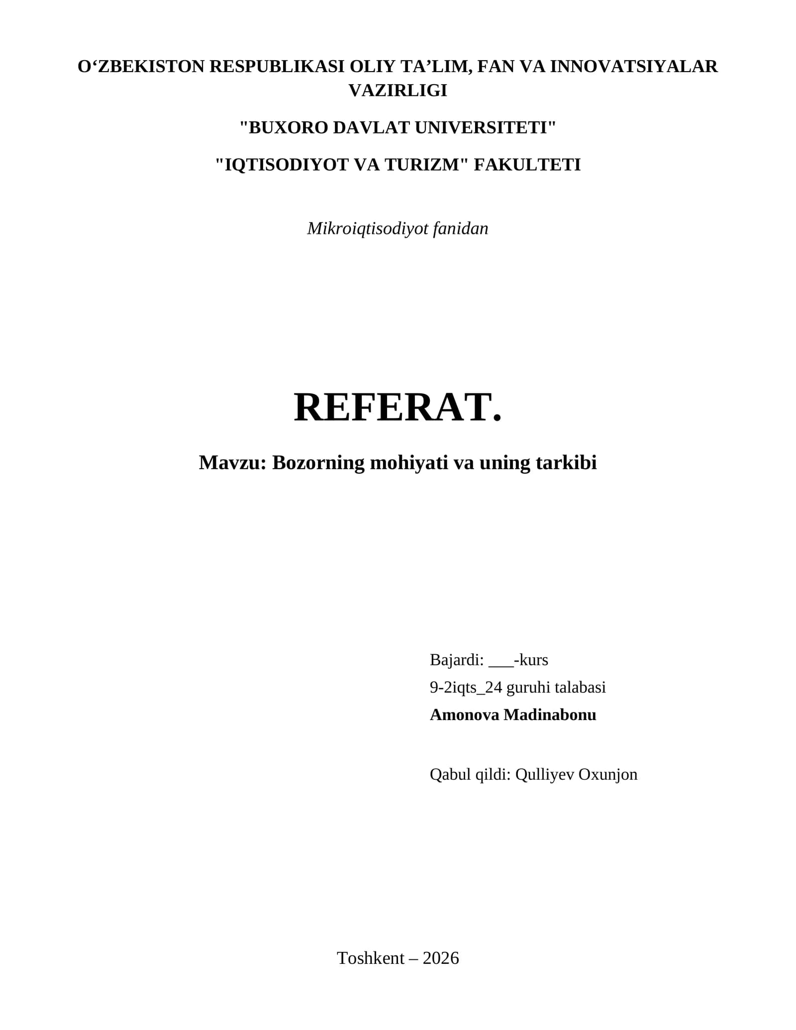 Bozorning mohiyati va uning tarkibi