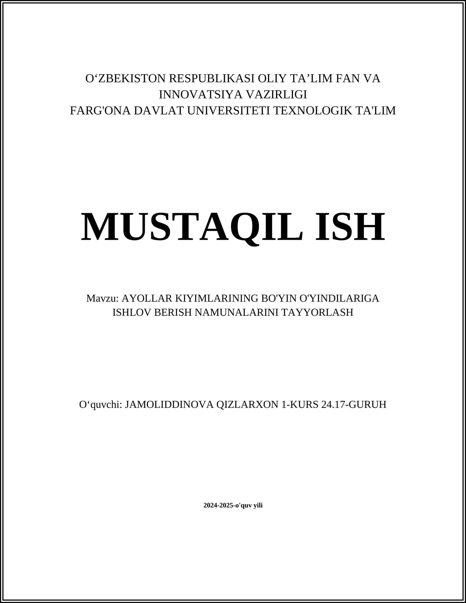 AYOLLAR KIYIMLARINING BO'YIN O'YINDILARIGA ISHLOV BERISH NAMUNALARINI TAYYORLASH