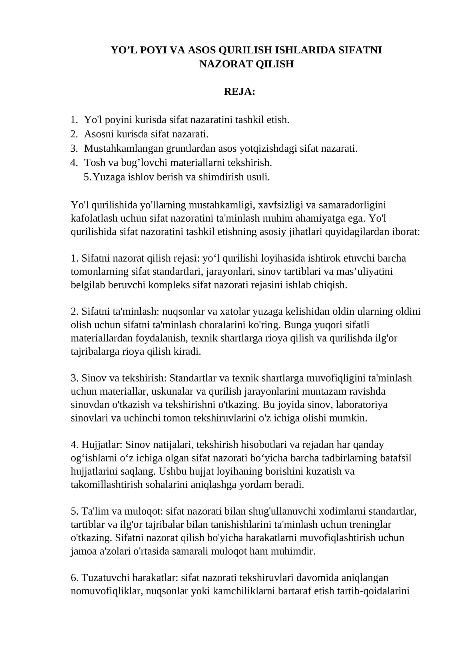 Yo'l poyi va asos qurilish ishlari