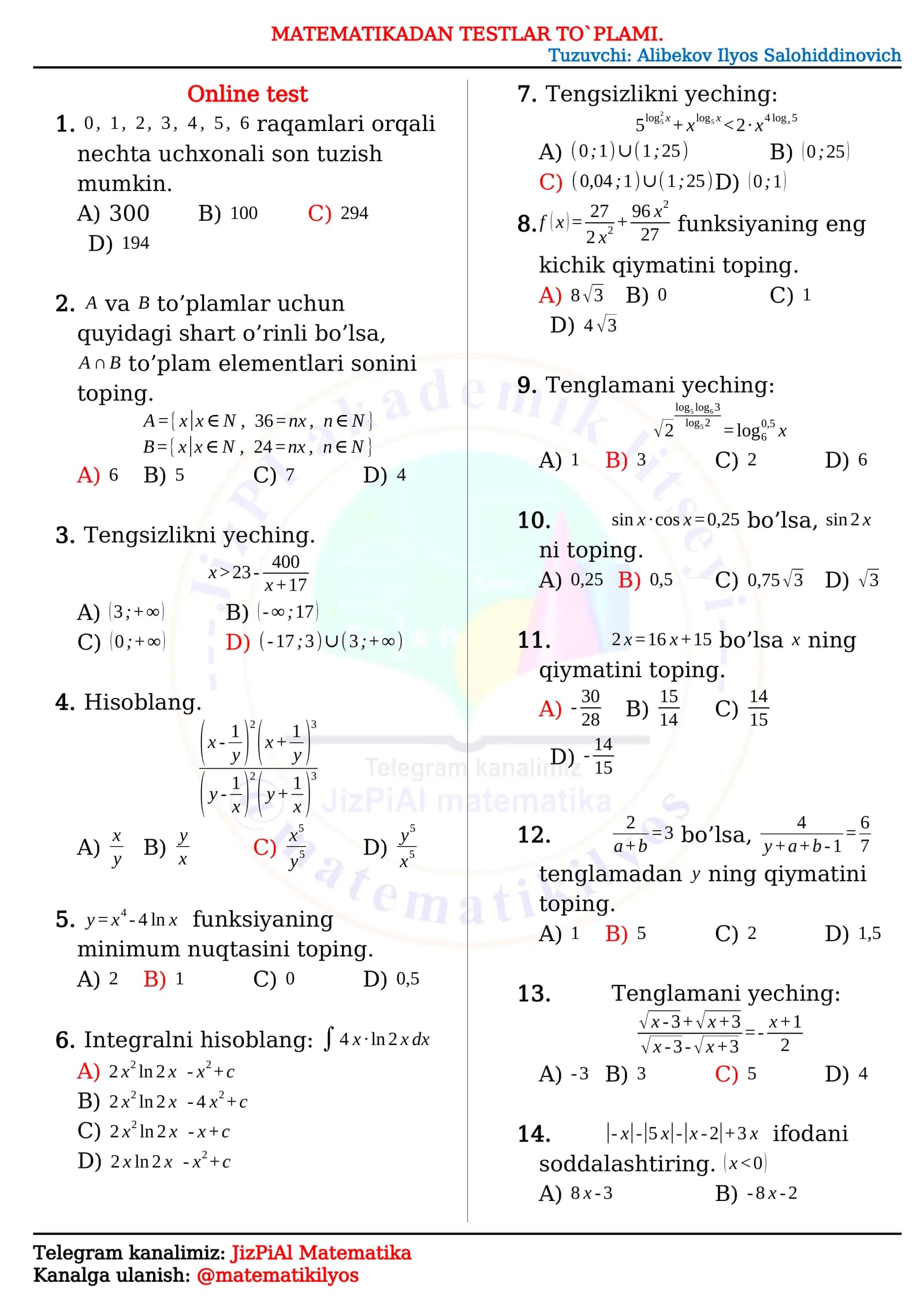 Matematikadan testlar
