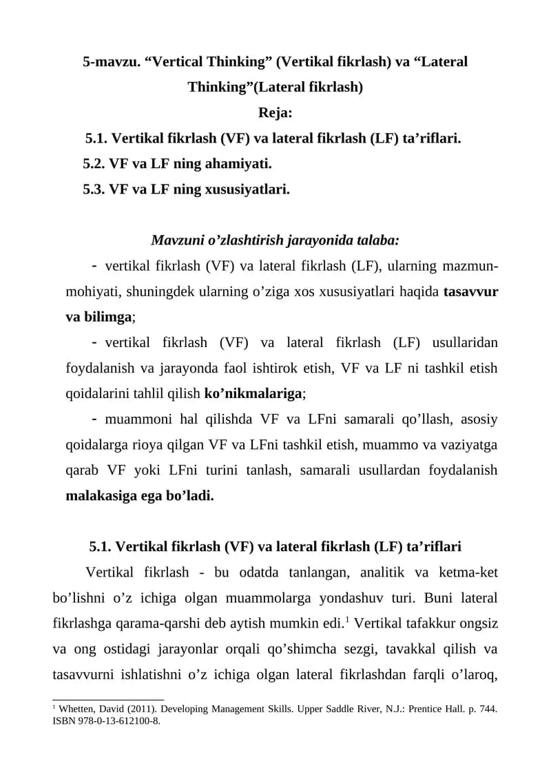 "Vertikal fikrlash (VF) va lateral fikrlash (LF)"