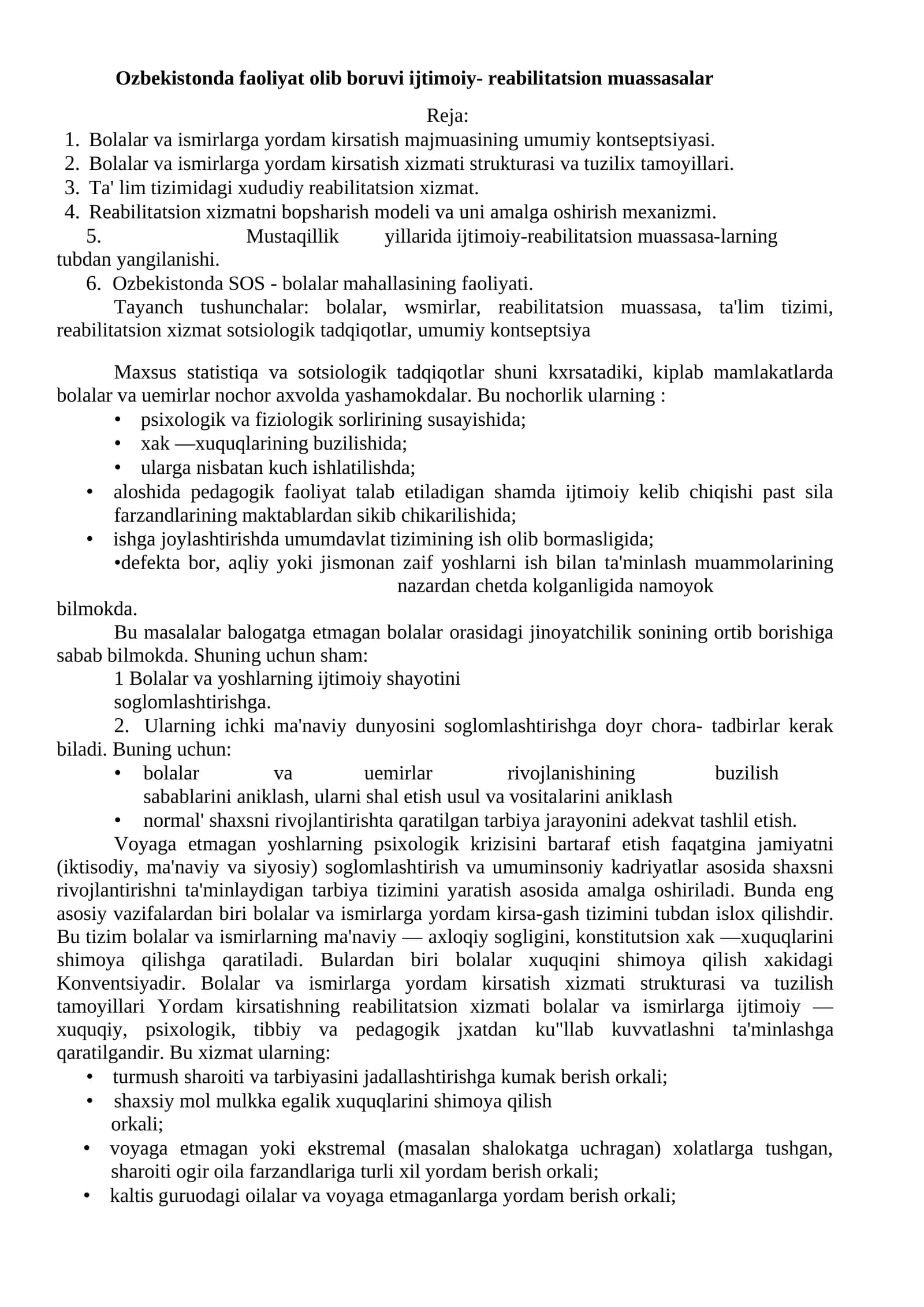 Reabilitatsion muassasalar bo'yicha sotsiologik tadqiqot