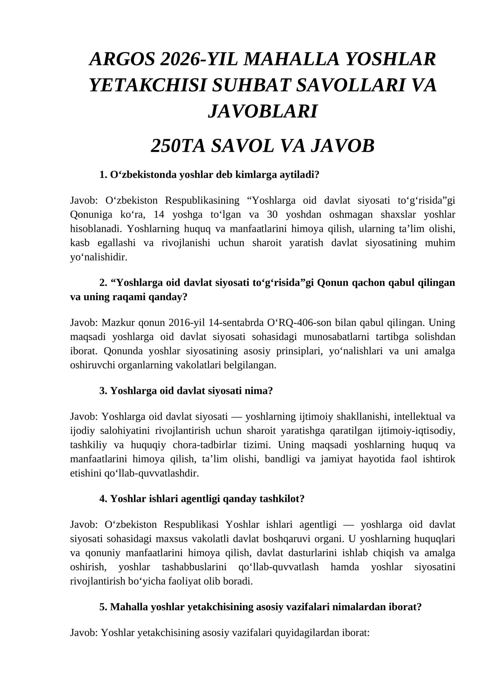 ARGOS 2026-YIL MAHALLA YOSHLAR YETAKCHISI SUHBAT SAVOLLARI VA JAVOBLARI