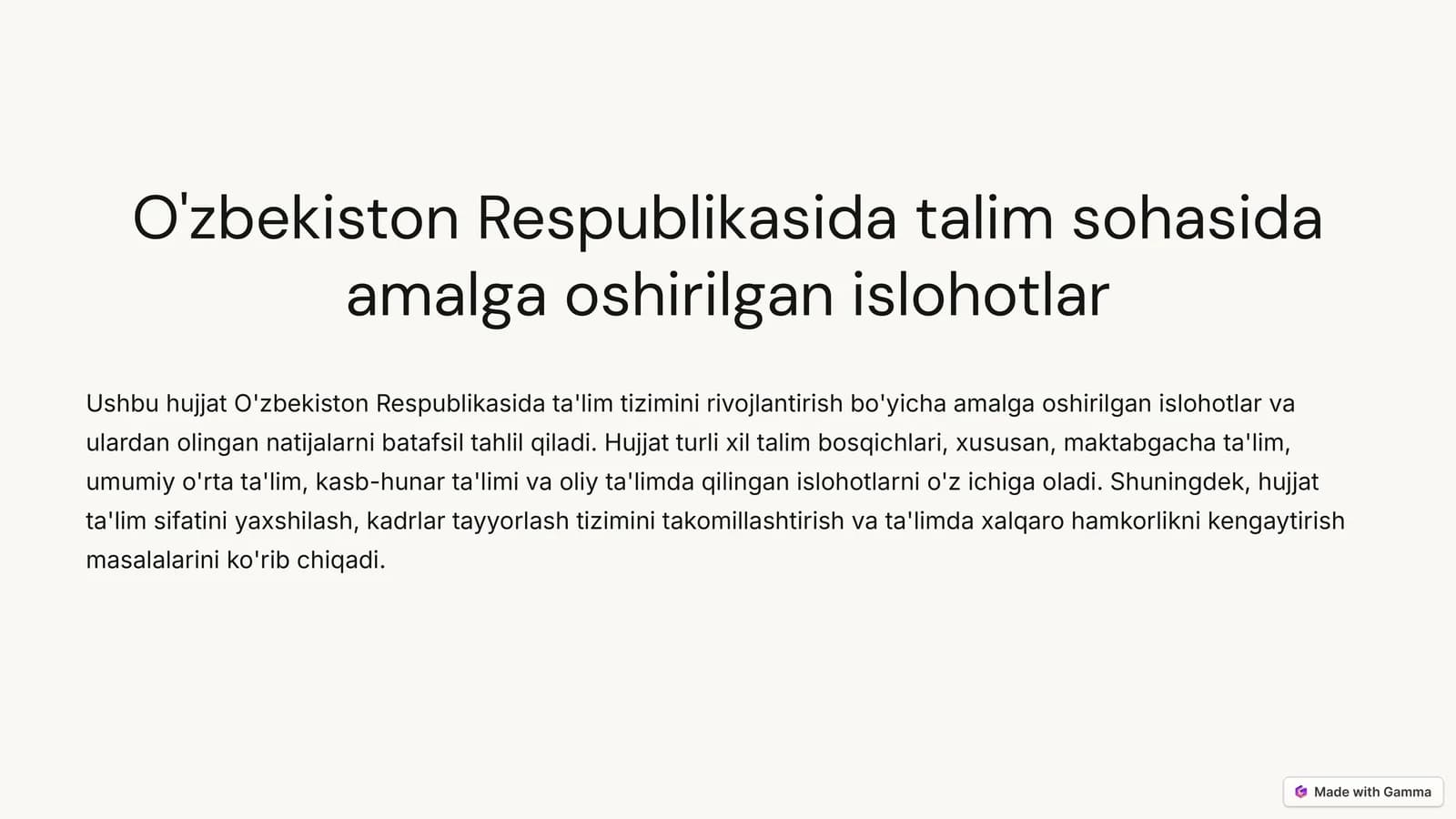 O'zbekiston Respublikasida talim sohasida amalga oshirilgan islohotlar