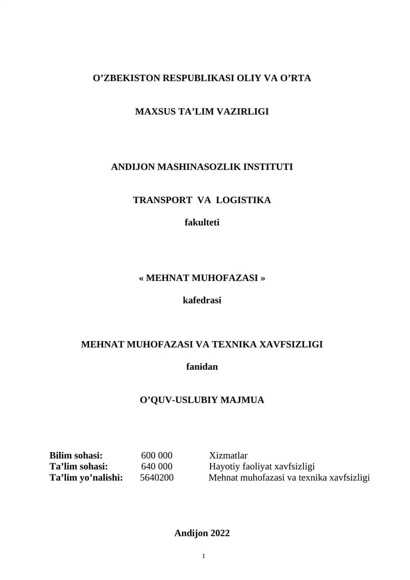 MEHNAT MUHOFAZASI VA TEXNIKA XAVFSIZLIGI