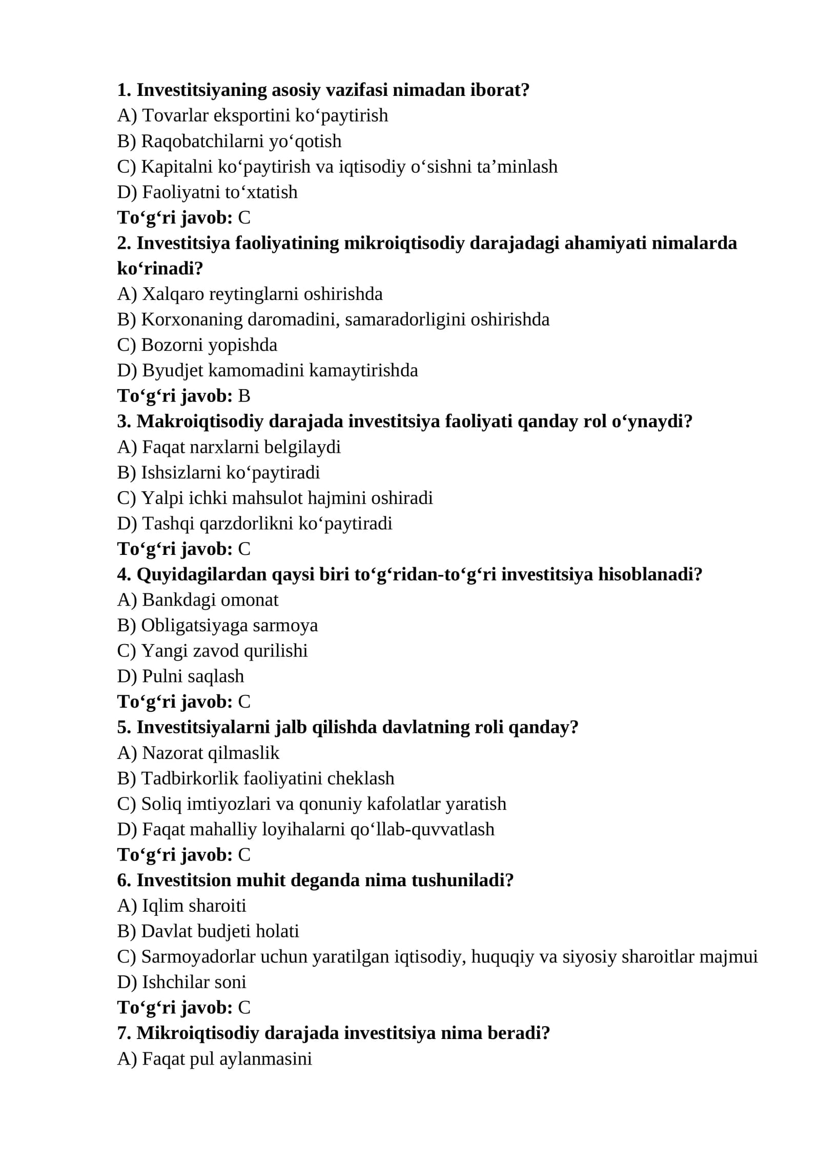 Investitsiyalar va, ularning ahamiyati
