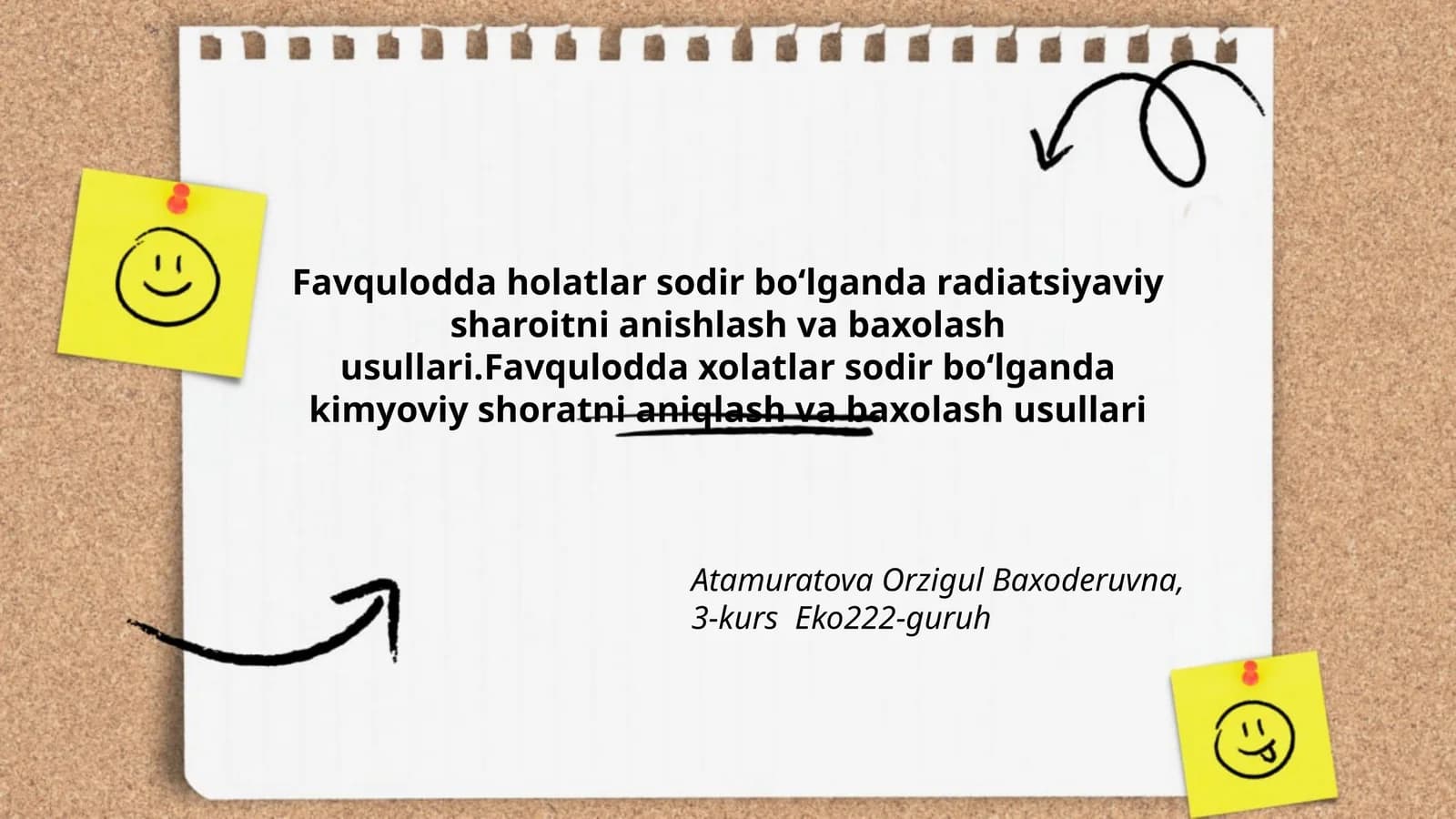 Favqulodda holatlar sodir bo‘lganda radiatsiyaviy sharoitni anishlash va baxolash usullari.Favqulodda xolatlar sodir bo‘lganda kimyoviy shoratni aniqlash va baxolash usullari