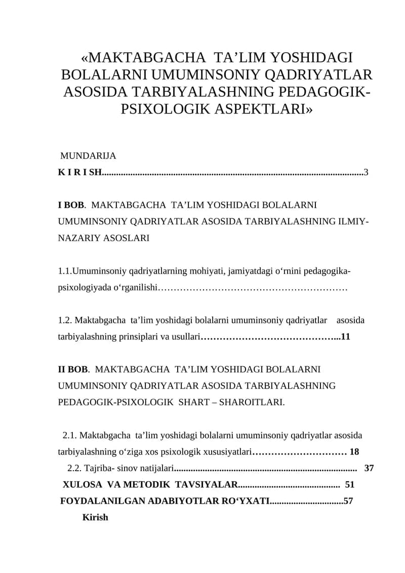 MAKTABGACHA TA’LIM YOSHIDAGI BOLALARNI UMUMINSONIY QADRIYATLAR ASOSIDA TARBIYALASHNING PEDAGOGIK-PSIXOLOGIK ASPEKTLARI