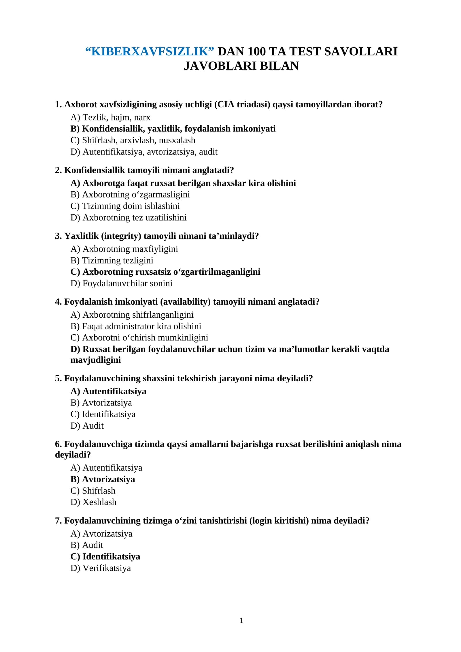 KIBERXAVFSIZLIK” DAN 100 TA TEST SAVOLLARI JAVOBLARI BILAN
