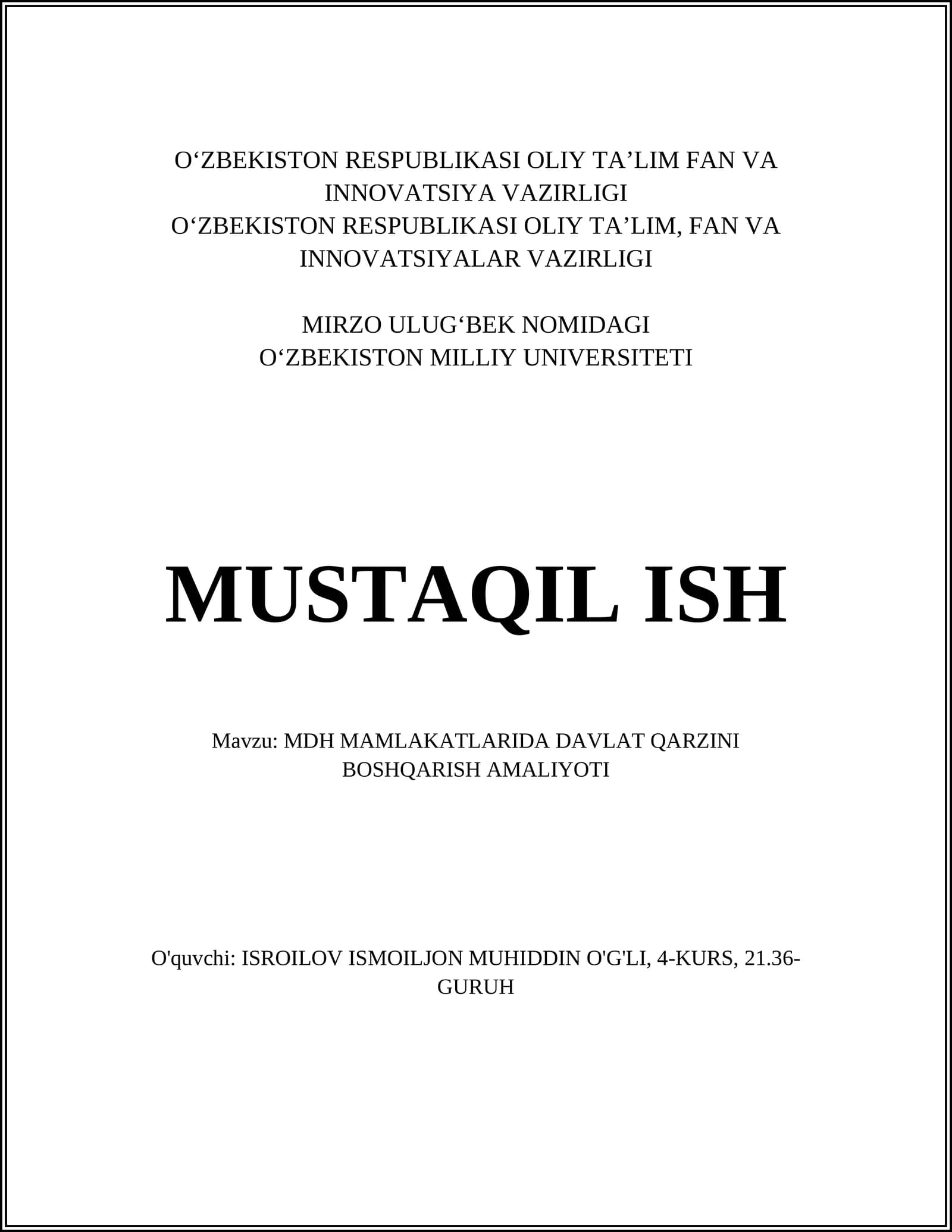 MDH MAMLAKATLARIDA DAVLAT QARZINI BOSHQARISH AMALIYOTI