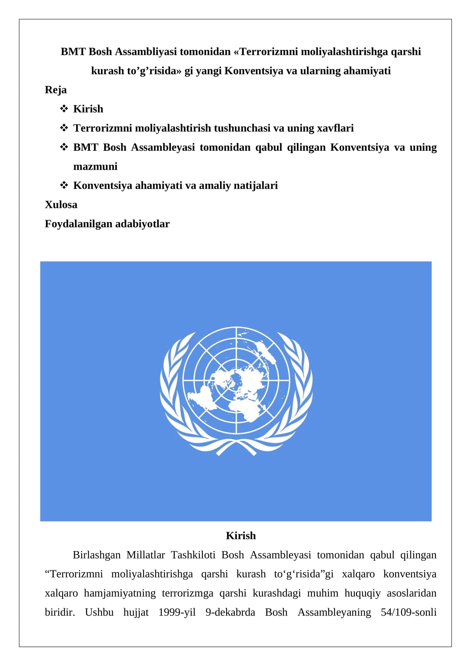 BMT Bosh Аssambliyasi tomonidan «Terrorizmni moliyalashtirishga qarshi kurash toʼ