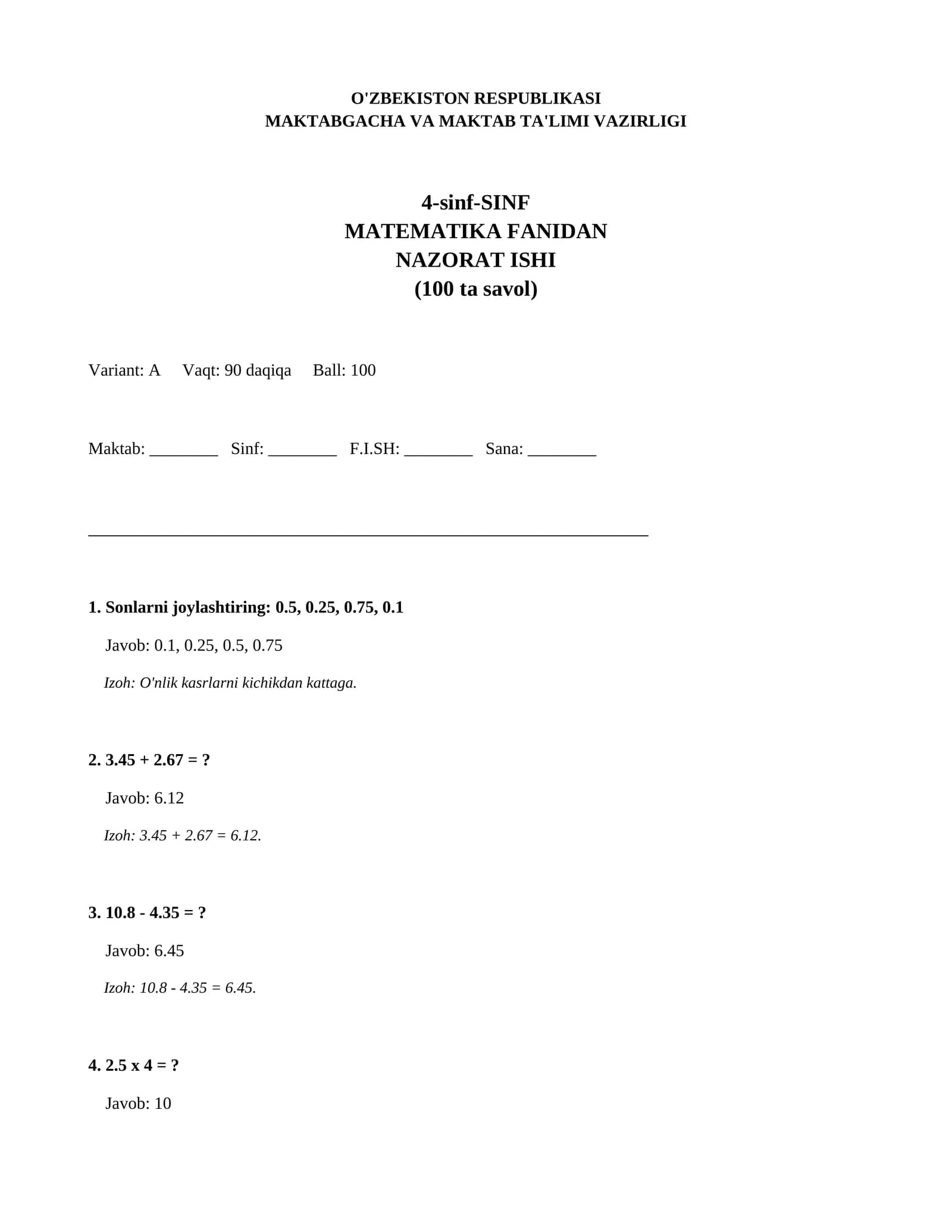 4-sinf Matematika fanidan Nazorat ishi