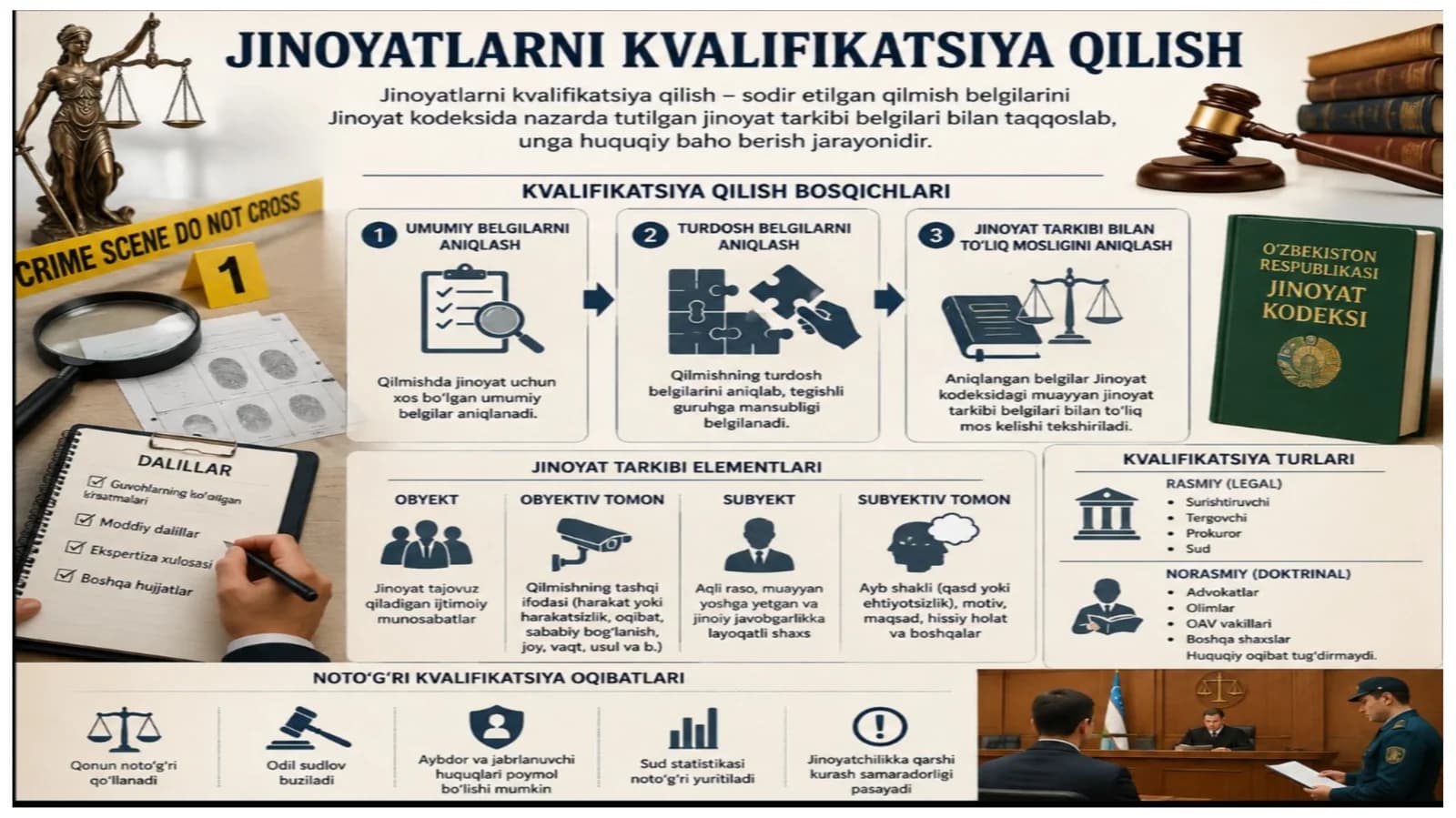 Jinoyatlarni kvalifikatsiya qilish tushunchasi  Mohiyati  Turlari  Bosqichlari  Mantiqiy usullari  Ahamiyati