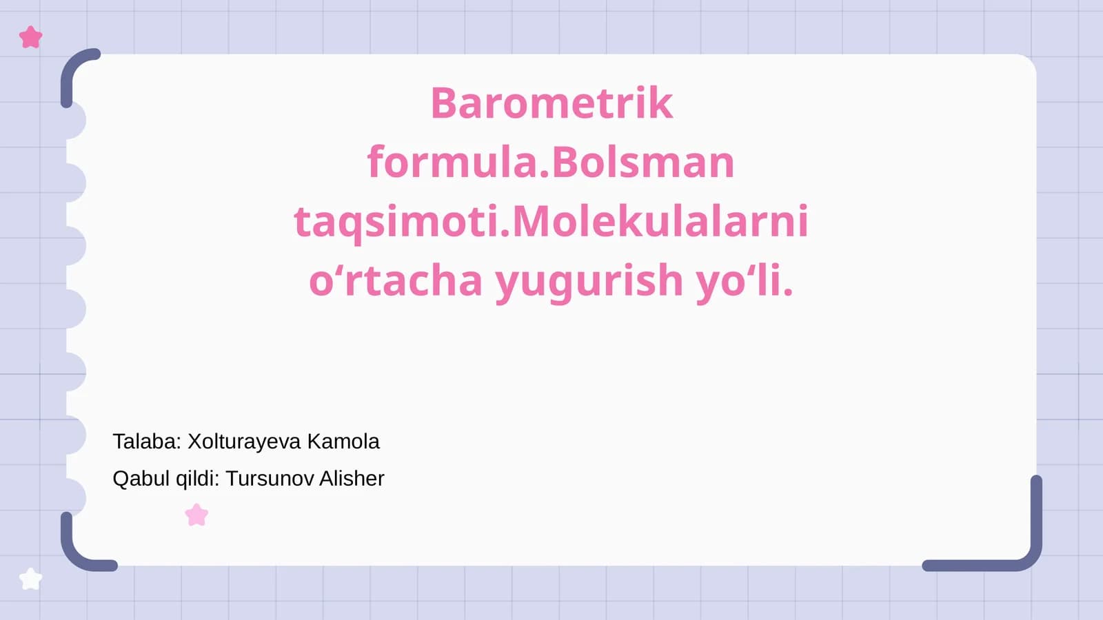 Barometrik formula. Bolsman taqsimoti. Molekulalarni oʻrtacha yugurish yoʻli