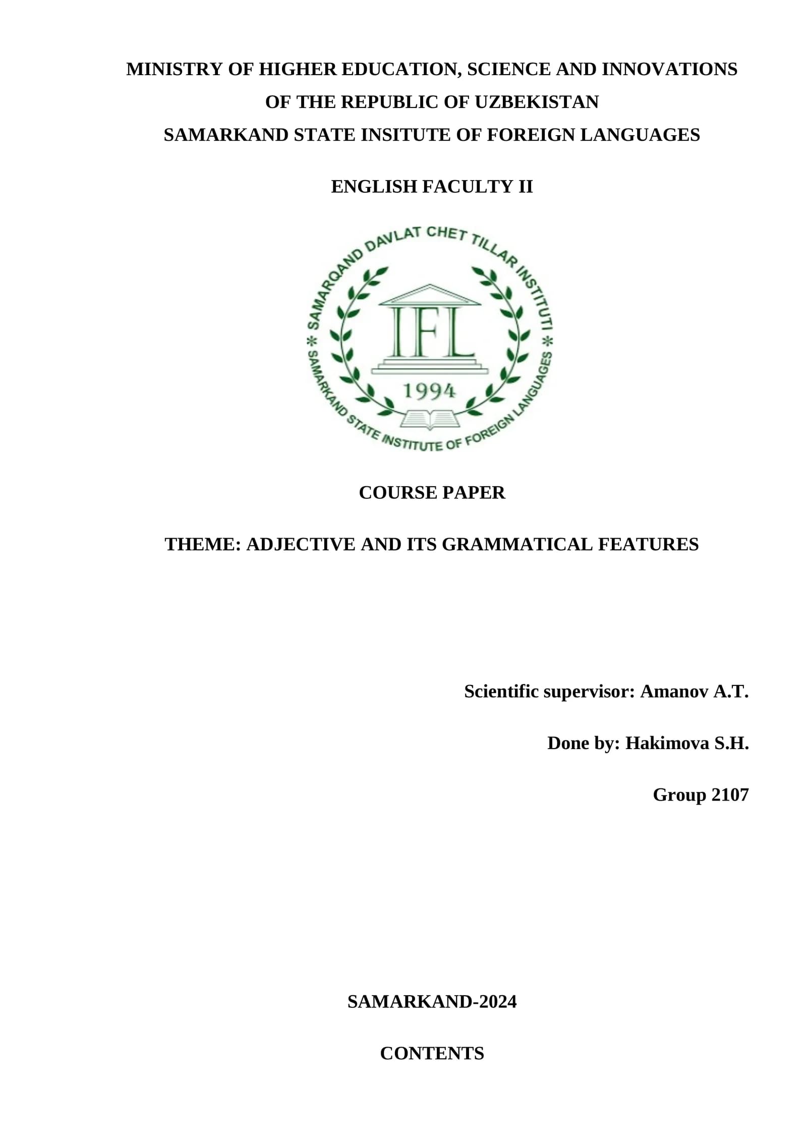 COURSE PAPER: ADJECTIVE AND ITS GRAMMATICAL FEATURES