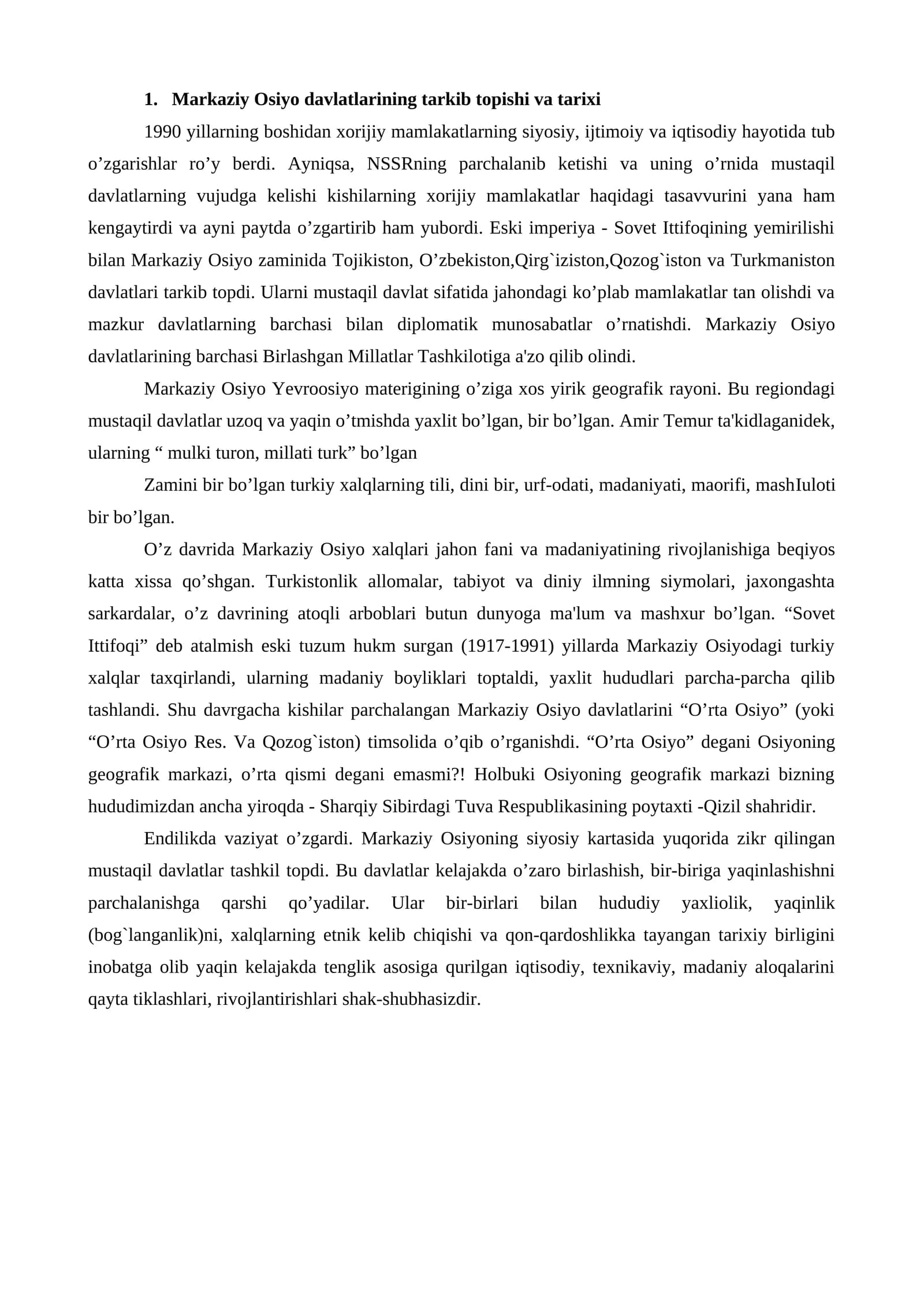 Markaziy Osiyo davlatlarining tarkib topishi va tarixi