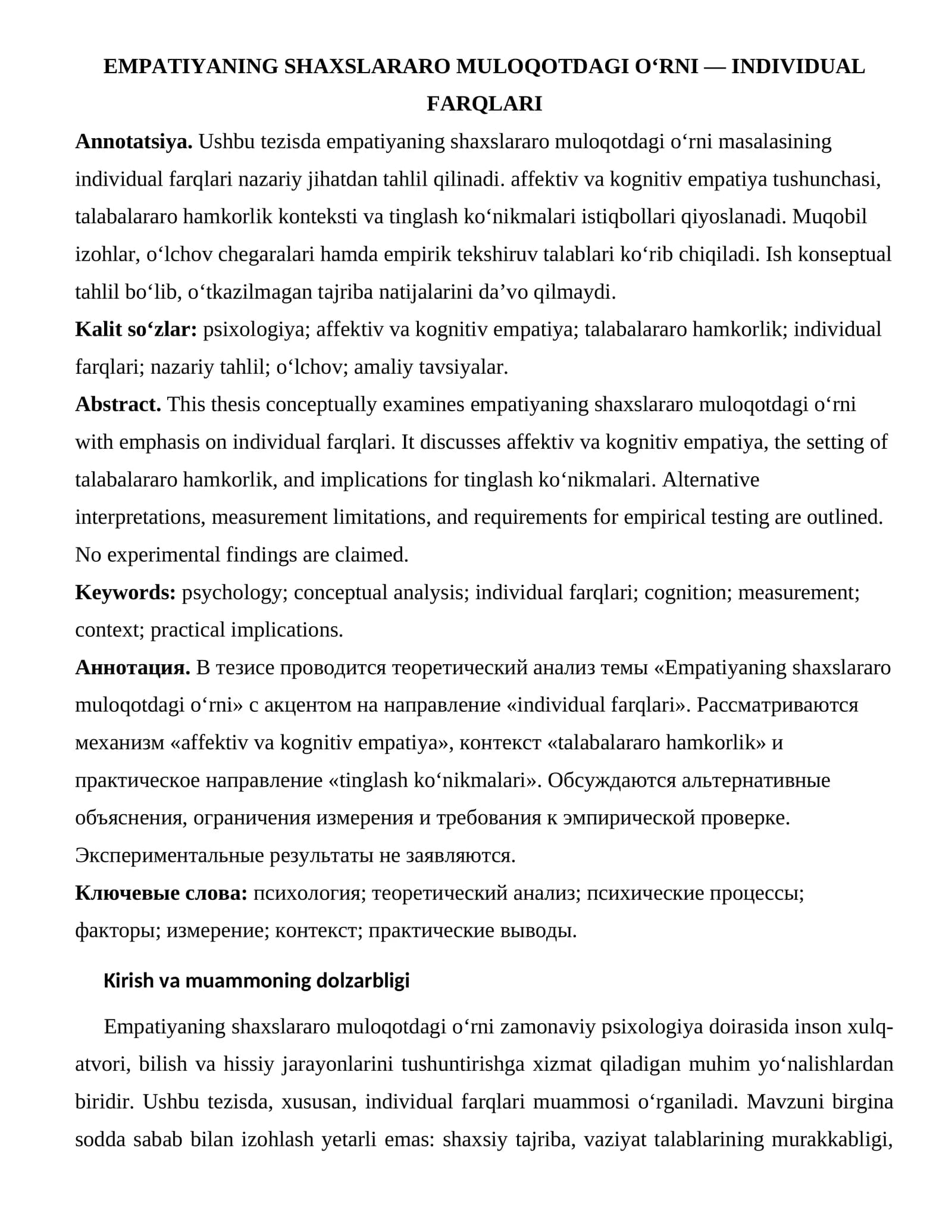 EMPATIYANING SHAXSLARARO MULOQOTDAGI O‘RNI — INDIVIDUAL FARQLARI