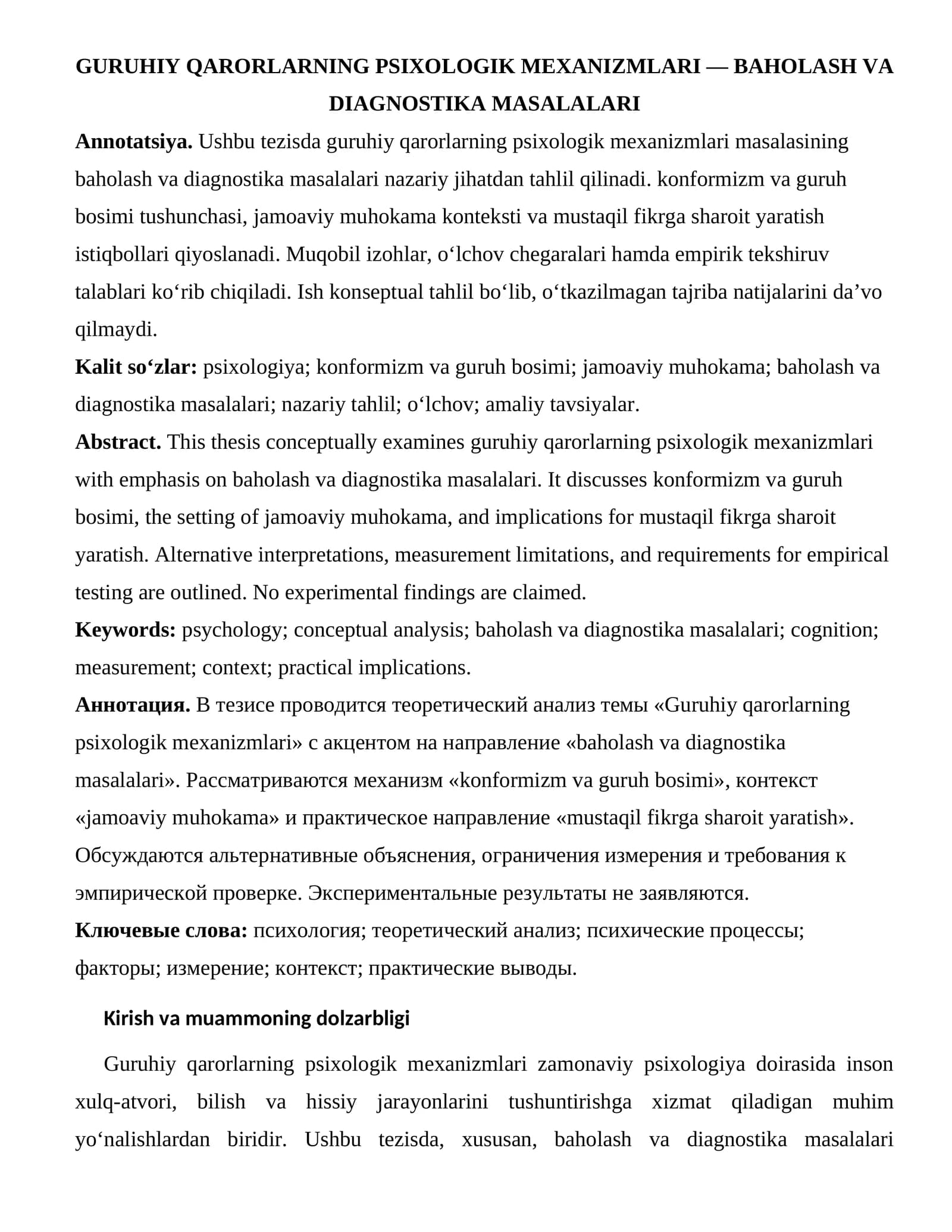 GURUHIY QARORLARNING PSIXOLOGIK MEXANIZMLARI — BAHOLASH VA DIAGNOSTIKA MASALALARI