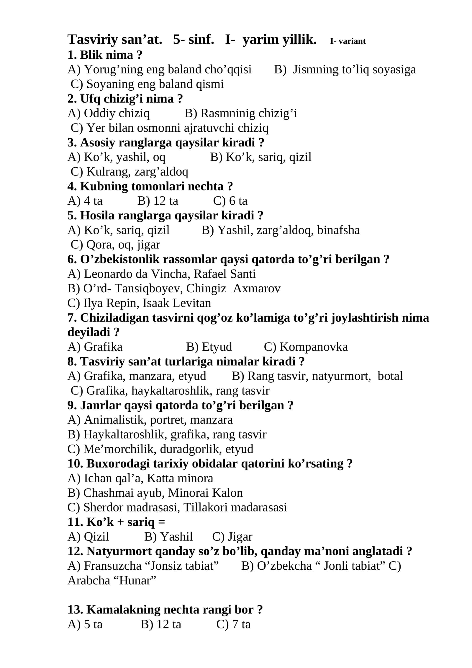 5-sinf I-yarim yillik Tasviriy san'at fanidan test