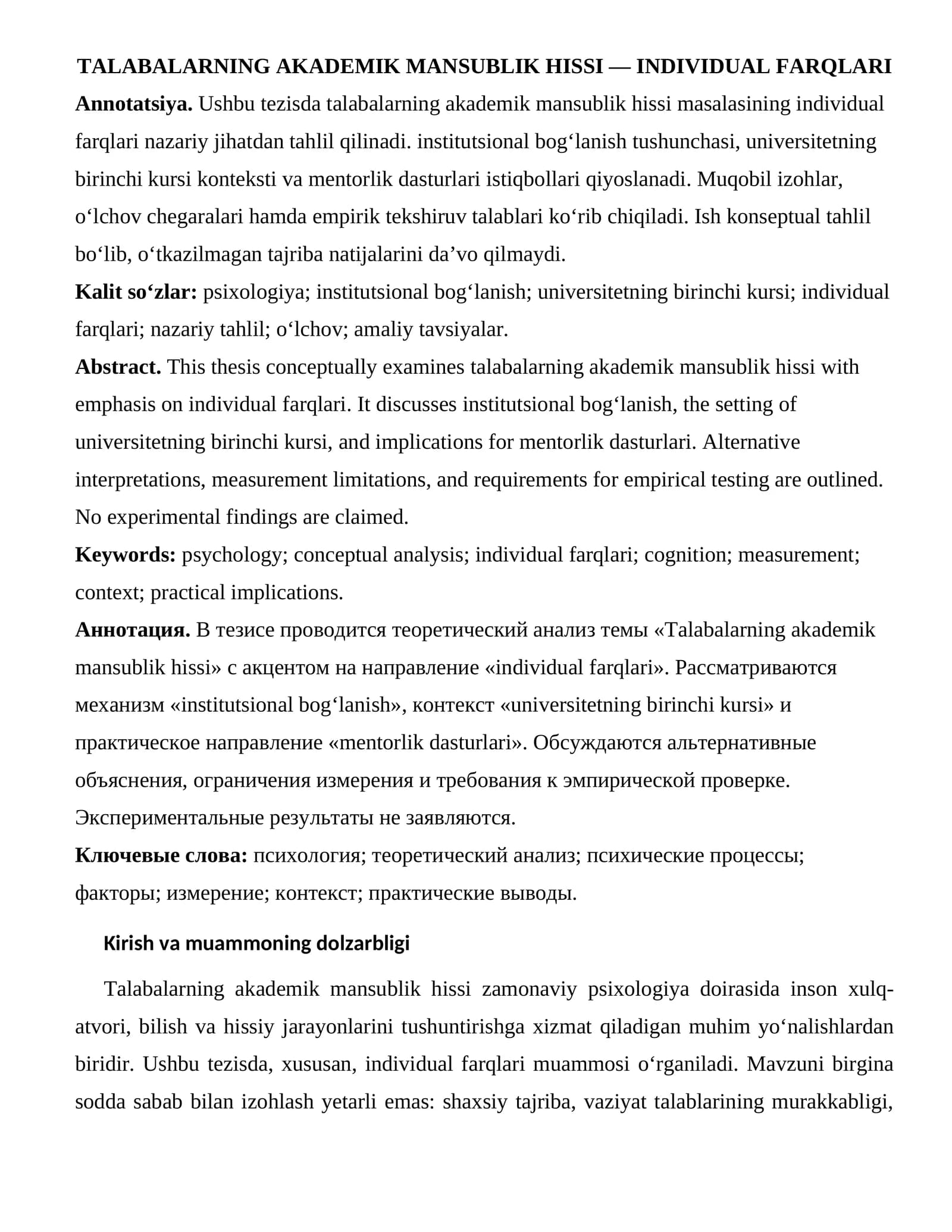 TALABALARNING AKADEMIK MANSUBLIK HISSI