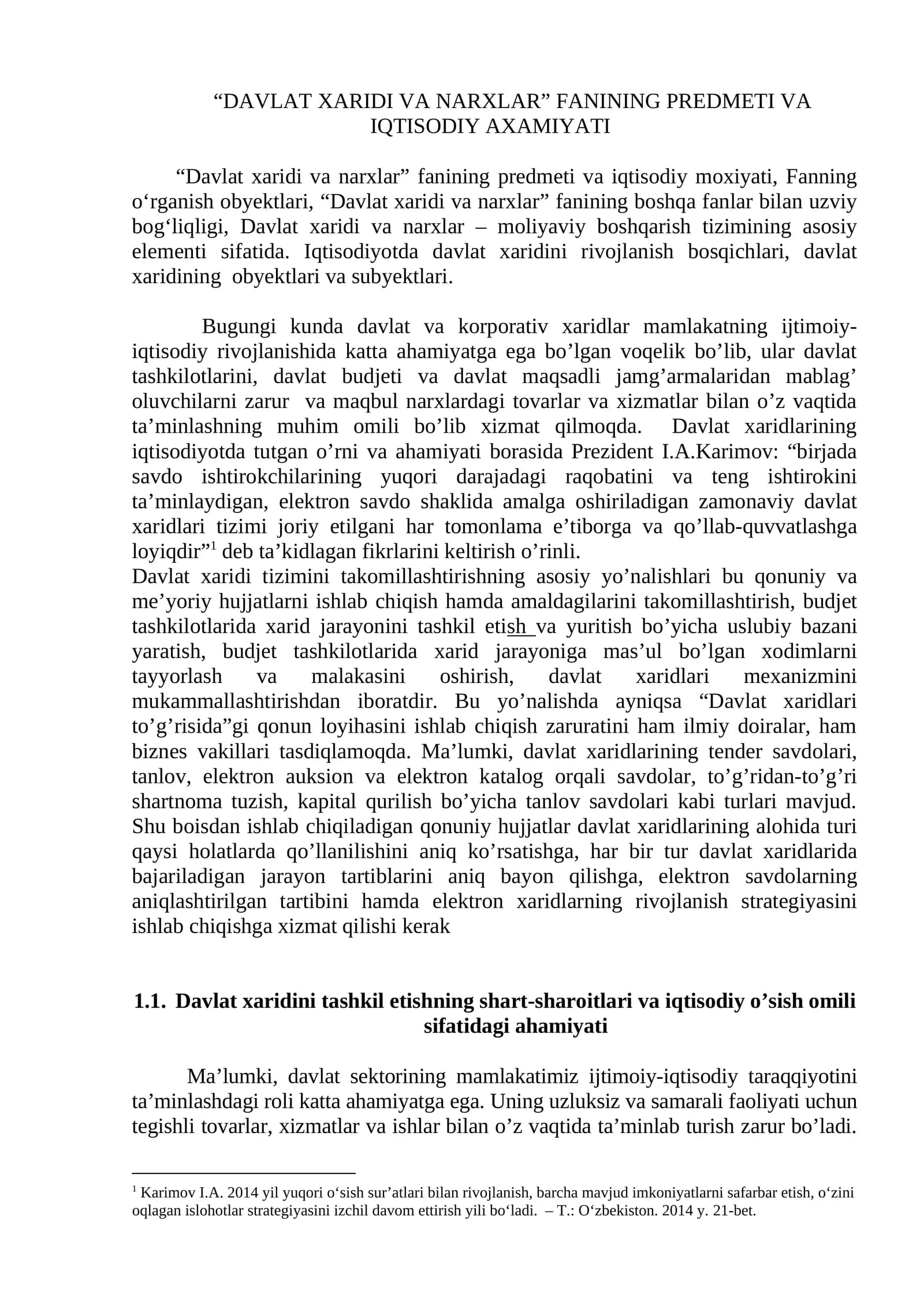 "Davlat xaridi va narxlari" Fani