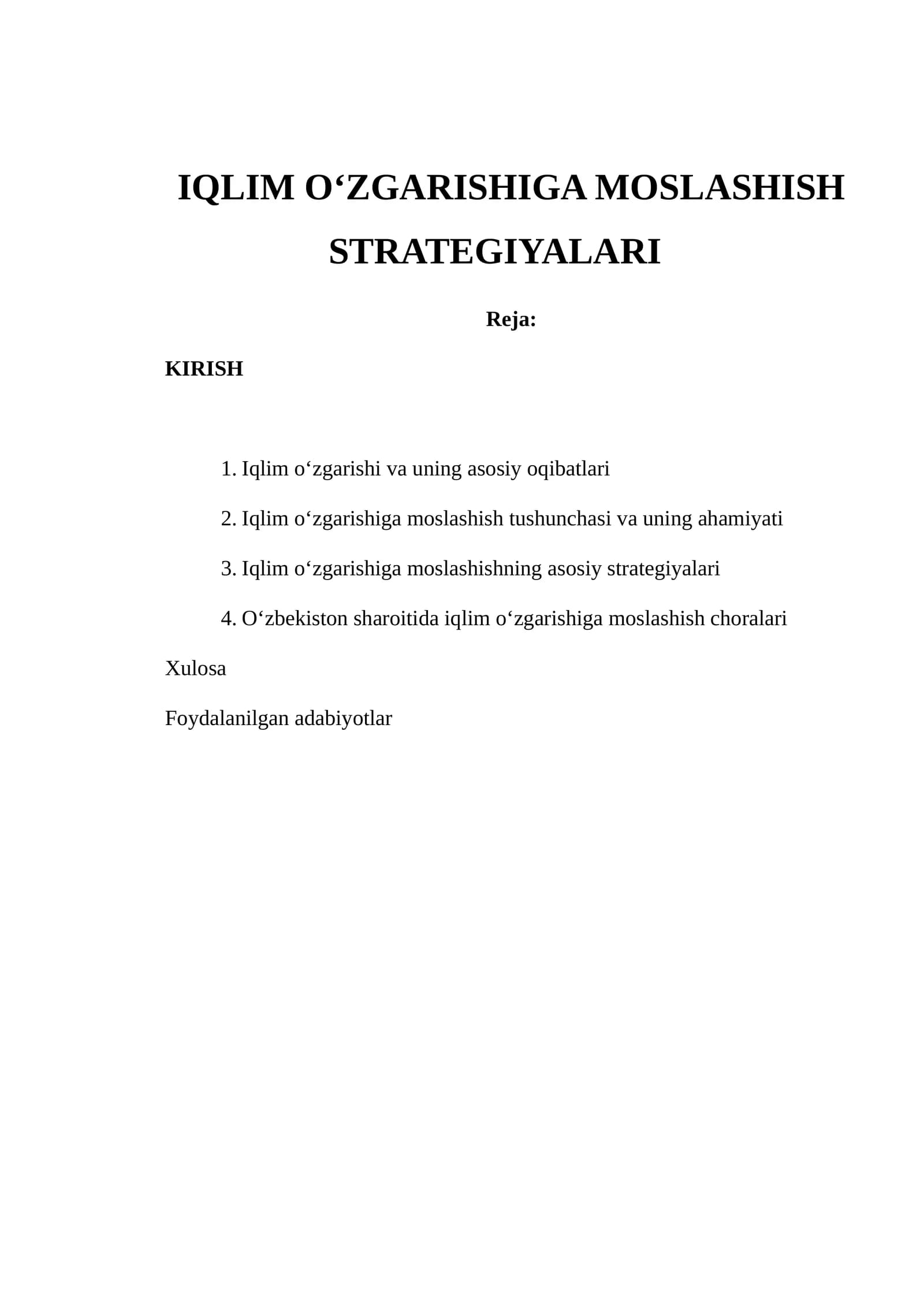 IQLIM O‘ZGARISHIGA MOSLASHISH STRATEGIYALARI