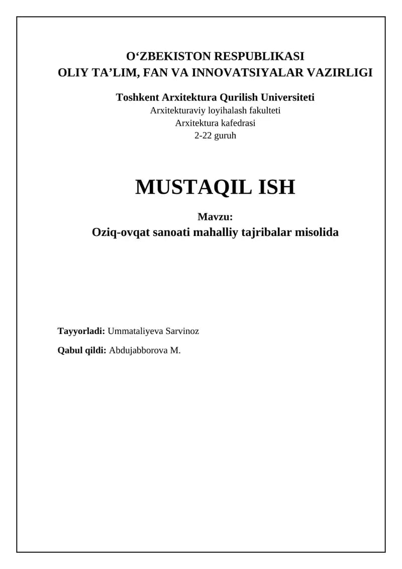 Oziq-ovqat sanoati mahalliy tajribalar misolida