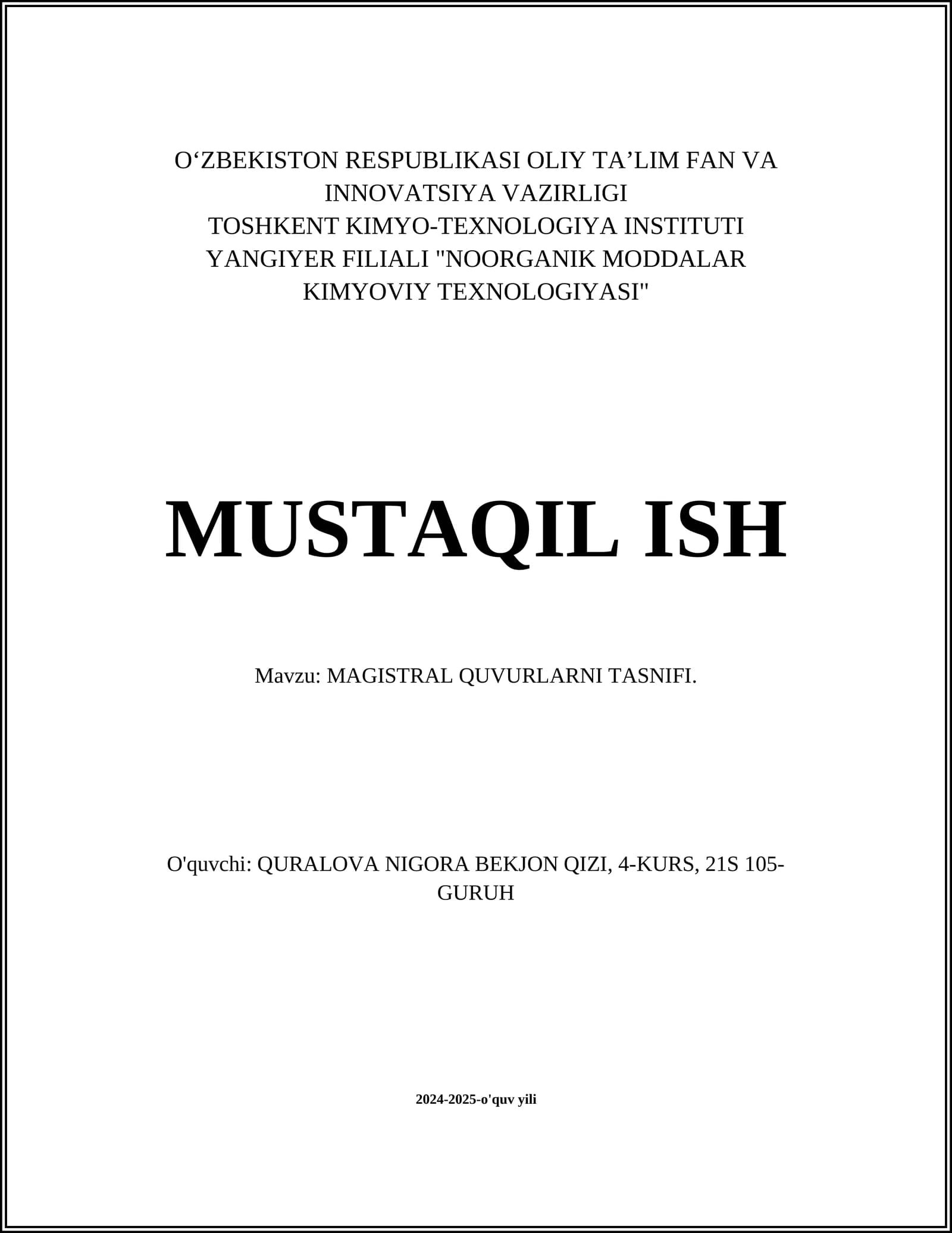 MAGISTRAL QUVURLARNI TASNIFI