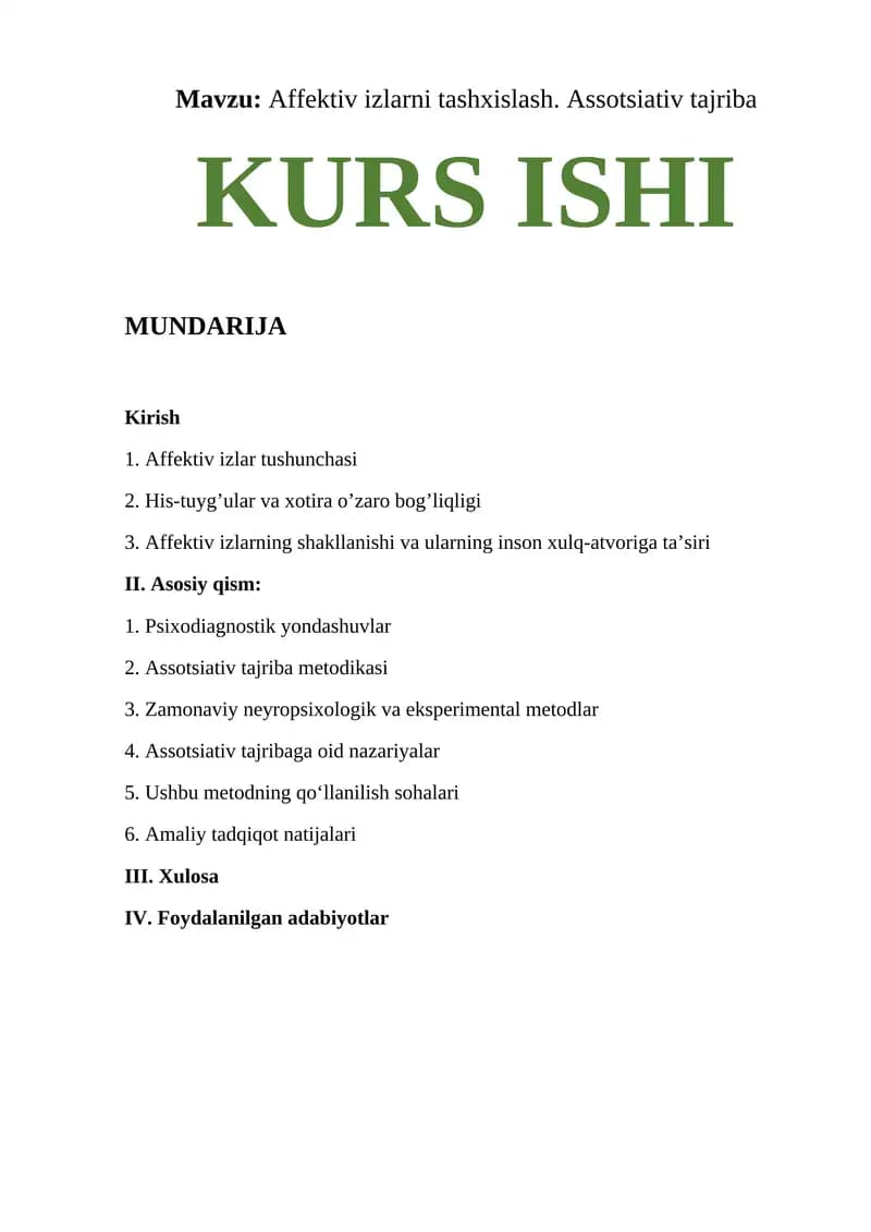 Affektiv izlarni tashxislash. Assotsiativ tajriba