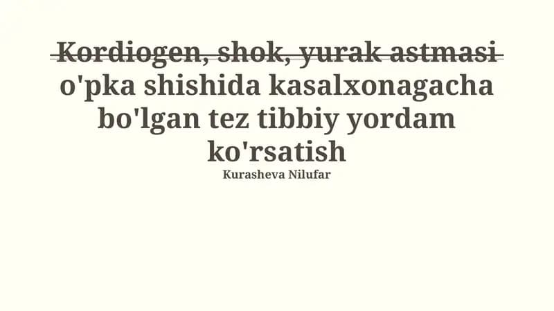 Kardiogen shok, yurak astmasi va o'pka shishida kasalxonagacha bo'lgan tez tibbiy yordam ko'rsatish