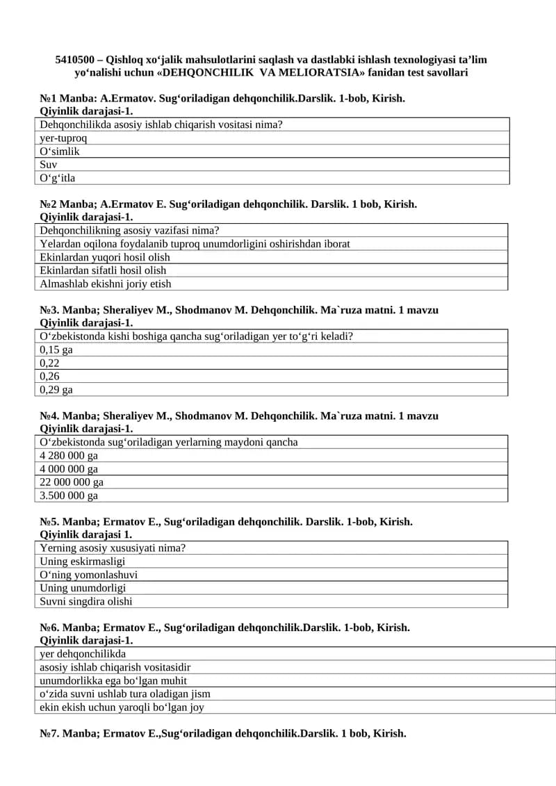 Qishloq xo‘jalik mahsulotlarini saqlash va dastlabki ishlash texnologiyasi ta’lim yo‘nalishi