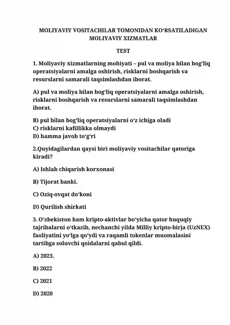 Moliyaviy xizmatlar(TEST)