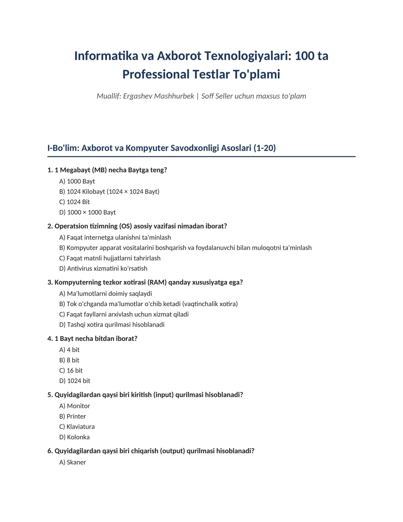 Informatika va Dasturlash Asoslari: Mantiq, Algoritm va AKT bo'yicha 100+ Professional Testlar To'plami (Javoblari bilan)