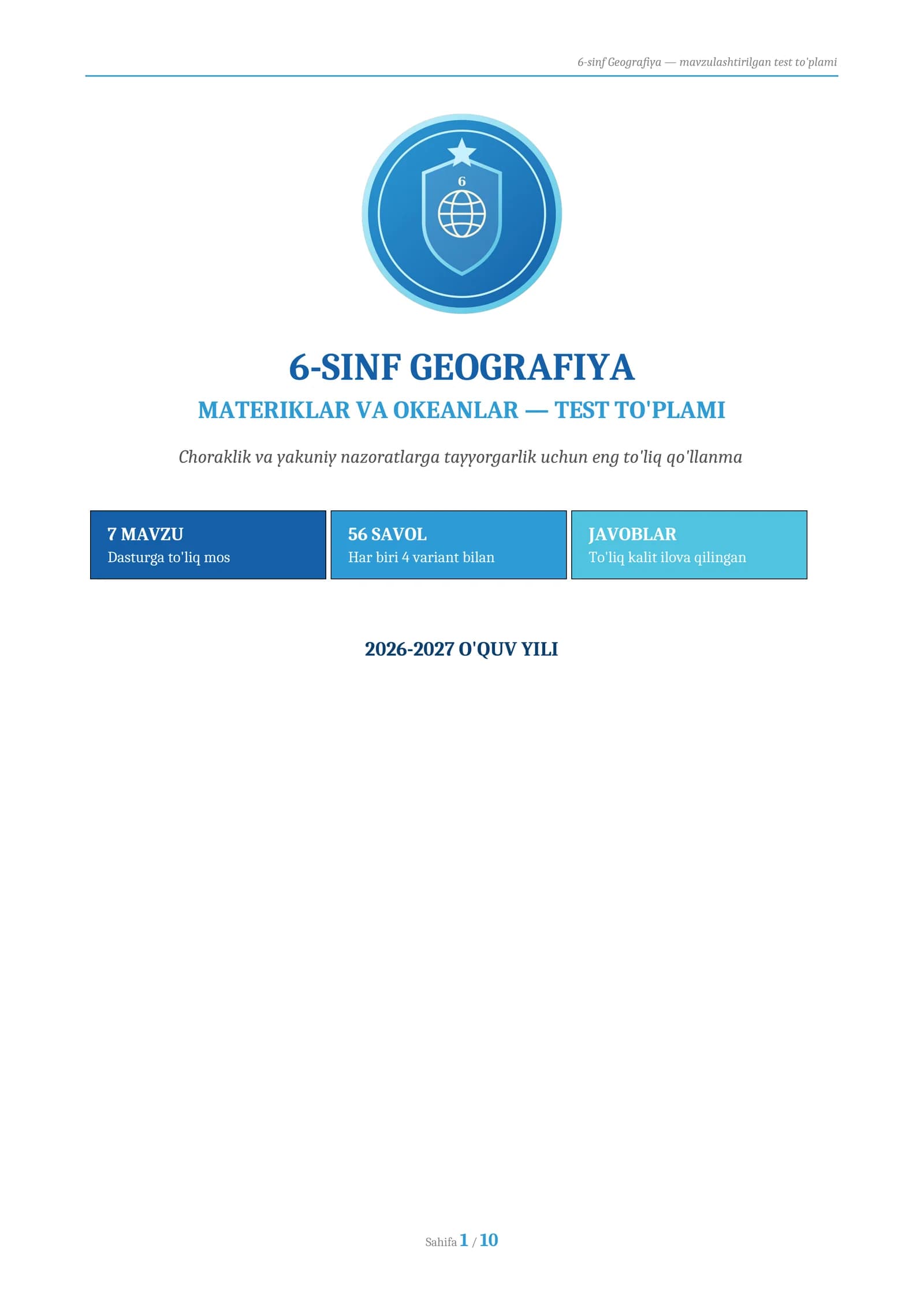 MATERIKLAR VA OKEANLAR TEST TO'PLAMI 2026 (56 savol, javoblari bilan)