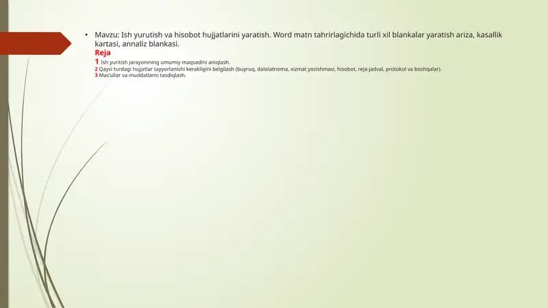 Ish yurutish va hisobot hujjatlarini yaratish. Word matn tahrirlagichida turli xil blankalar yaratish ariza, kasallik kartasi, annaliz blankasi.