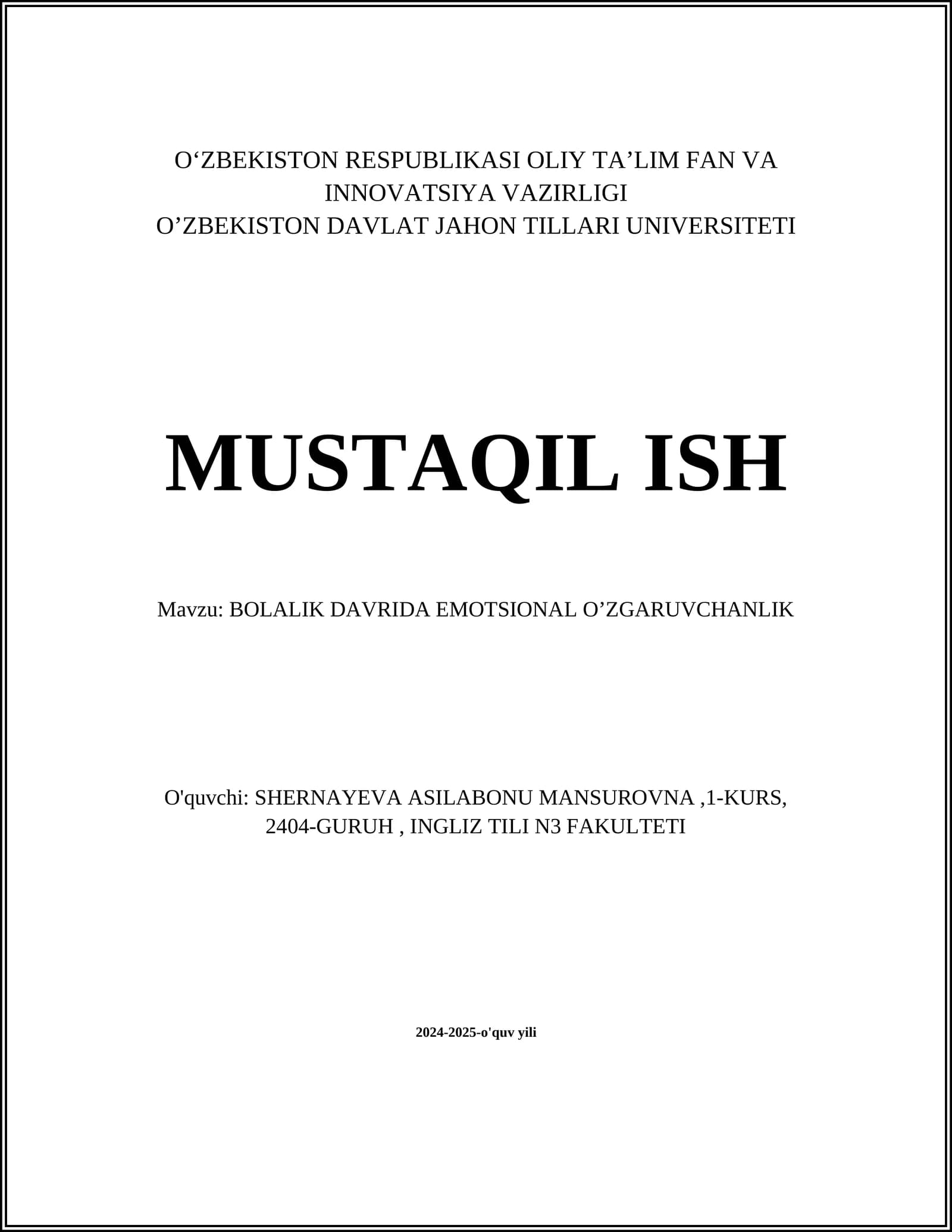 BOLALIK DAVRIDA EMOTSIONAL O’ZGARUVCHANLIK